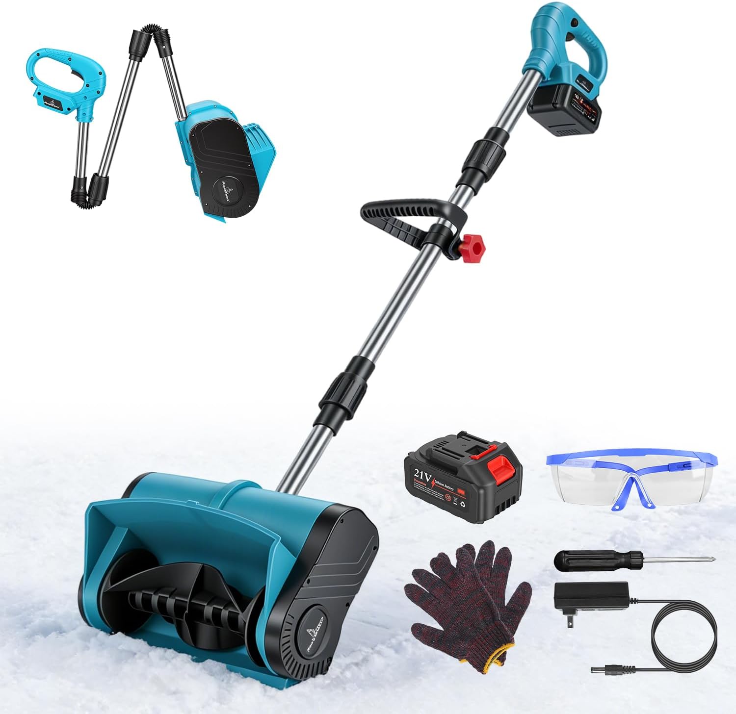 Cordless Snow Shovel 800W 21V, Battery-Powered Snow Thrower with Rechargeable Battery, Includes Gloves and Goggles for Patio, Deck, Driveway