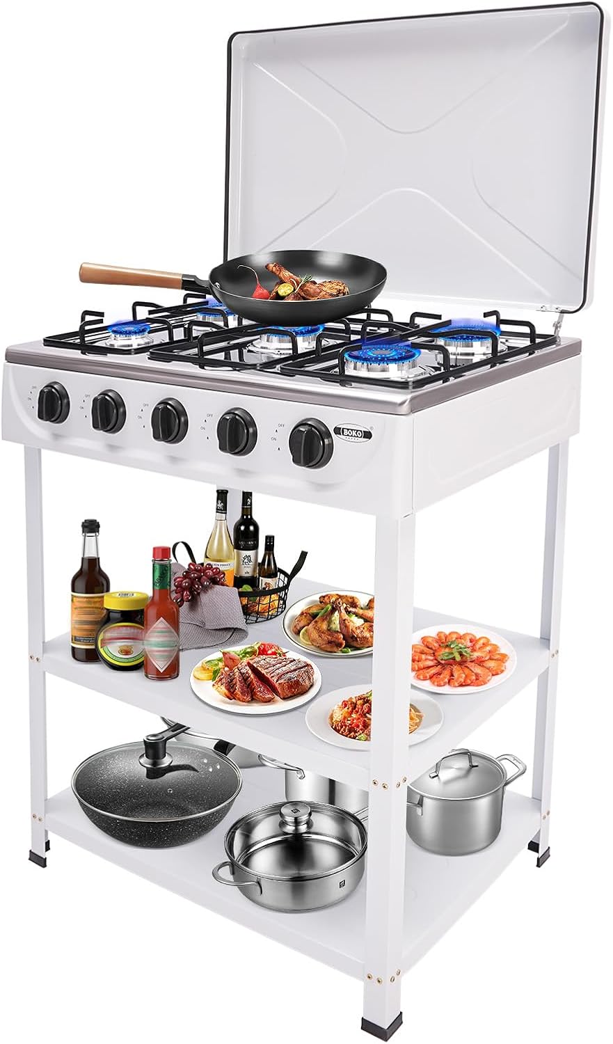 5 Burner Gas Stove,400000BTU Propane Gas Stove with Support Leg Stand and Wind Blocking Cover, Manual Ignition Camping Stove Ideal for Outdoor Cooking, RV Travel