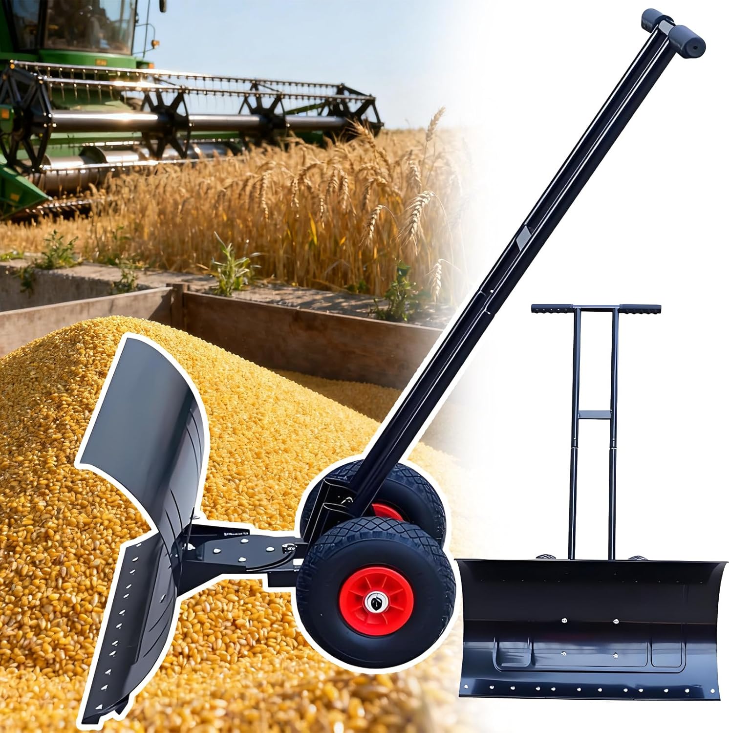 Heavy Duty Snow Shovel with All-Terrain Wheels and Adjustable Handle for Efficient Snow, Gravel, and Sand Removal in Farms and Yards