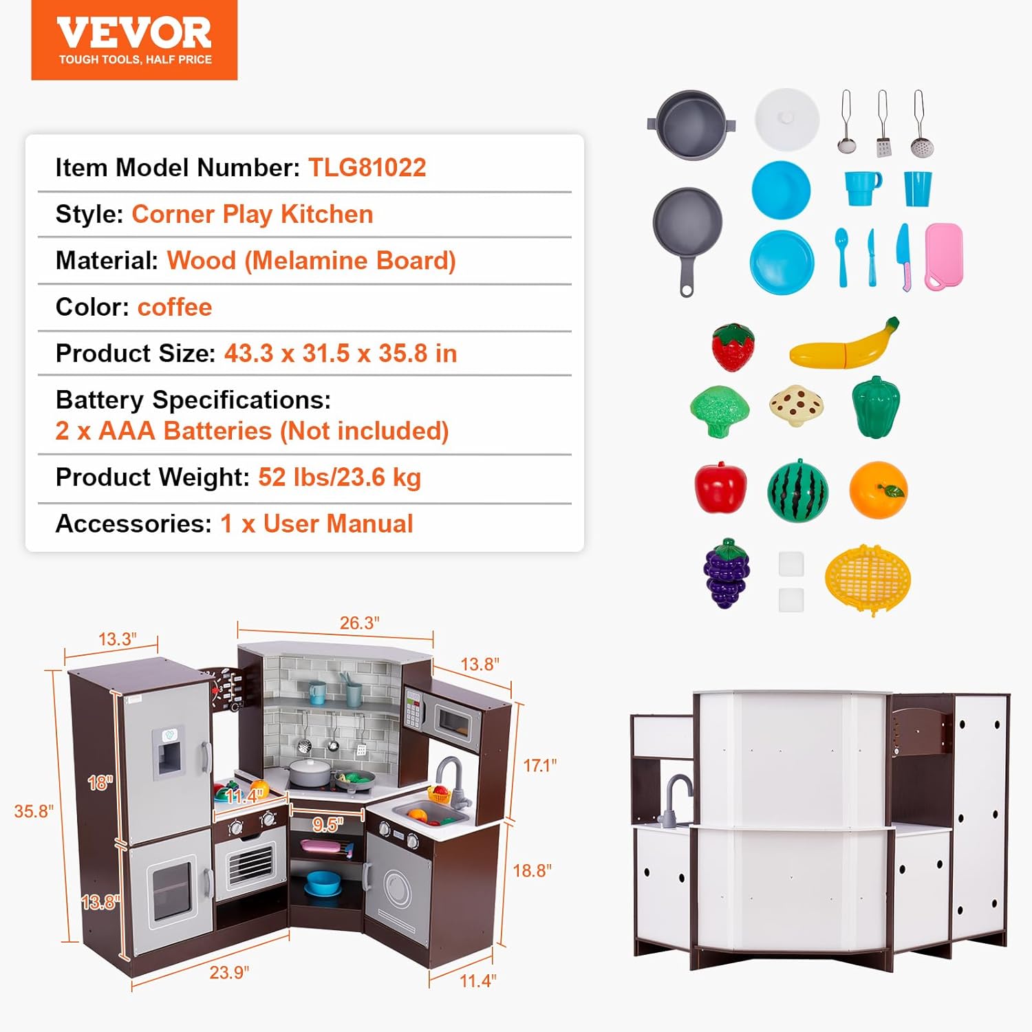VEVOR Interactive Wooden Toy Play Kitchen Playset for Kids with Lights and Sounds, Corner Design with Ice Maker, Oven, Sink, Clock, Microwaves, Refrigerator and Accessories, for Girls & Boys, Brown