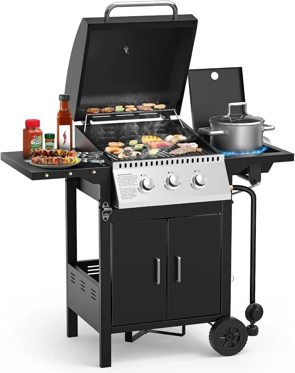 3 Burner Propane Gas Grill, 30,000 BTU, 348 Sq. In. Cooking Area, Cast Iron and Steel Construction, Black