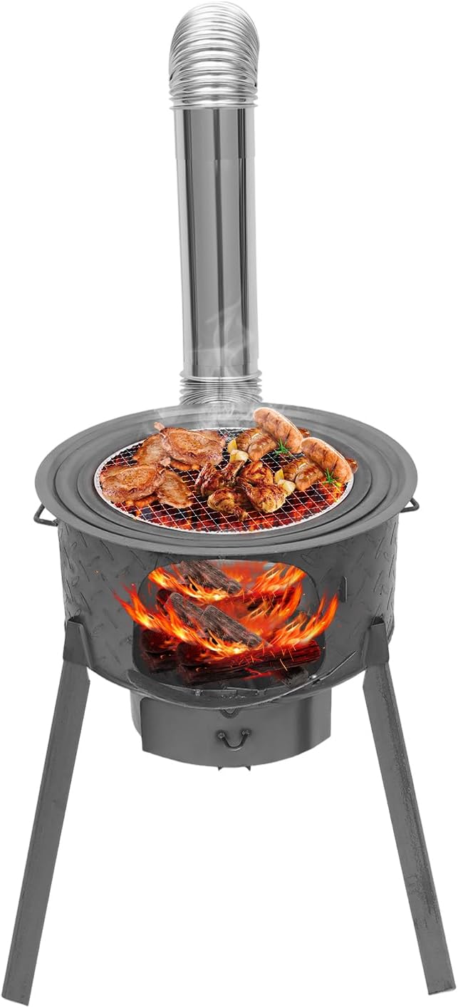 Wood Burning Stove Portable Camping Rocket Stove for Outdoor Cooking Removable Iron Firewood Stove with Grill Rack Charcoal Grill Tent Stoves for Backpacking Hiking (17in-3 Wok Rings-1)