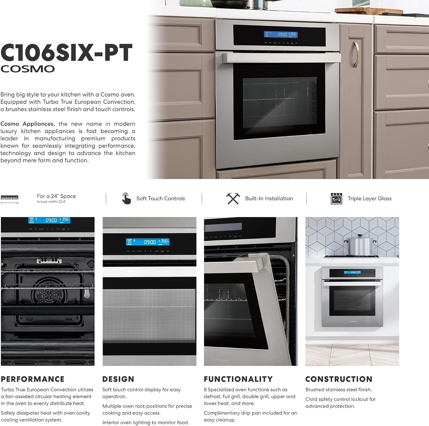 COSMO COS-C106SIX-PT 24 in. Lumin Collection 2.5 cu. ft. Electric Wall Oven, 8 Functions and True European Convection in Stainless Steel