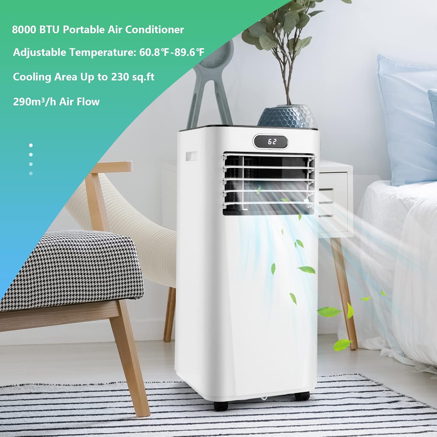 ARLIME Air Conditioner Portable, 8000 BTU Cools up to 230 sq. ft, Portable AC Unit with Fan & Dehumidifier, 2 Speed, Child Lock, 24H Timer, LED Display, Air Cooler for Living Room, Bedroom, Office
