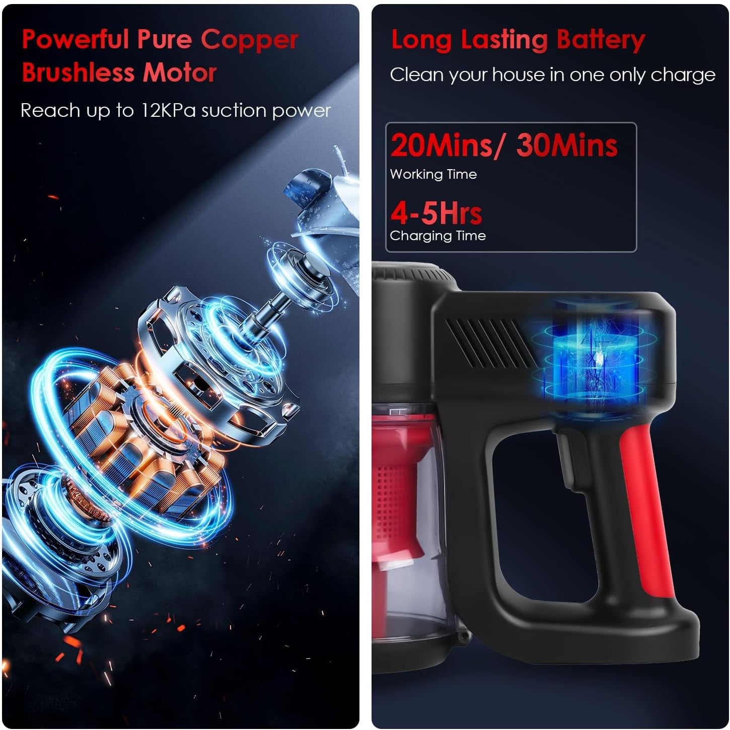 KOCASO Cordless Vacuum Cleaner - Powerful 12000PA Suction, Lightweight Rechargeable Stick Vacuum, 2 Adjustable Speeds, 4 Versatile Cleaning Tools, LED Light, 180° Foldable Design for Home & Car Use