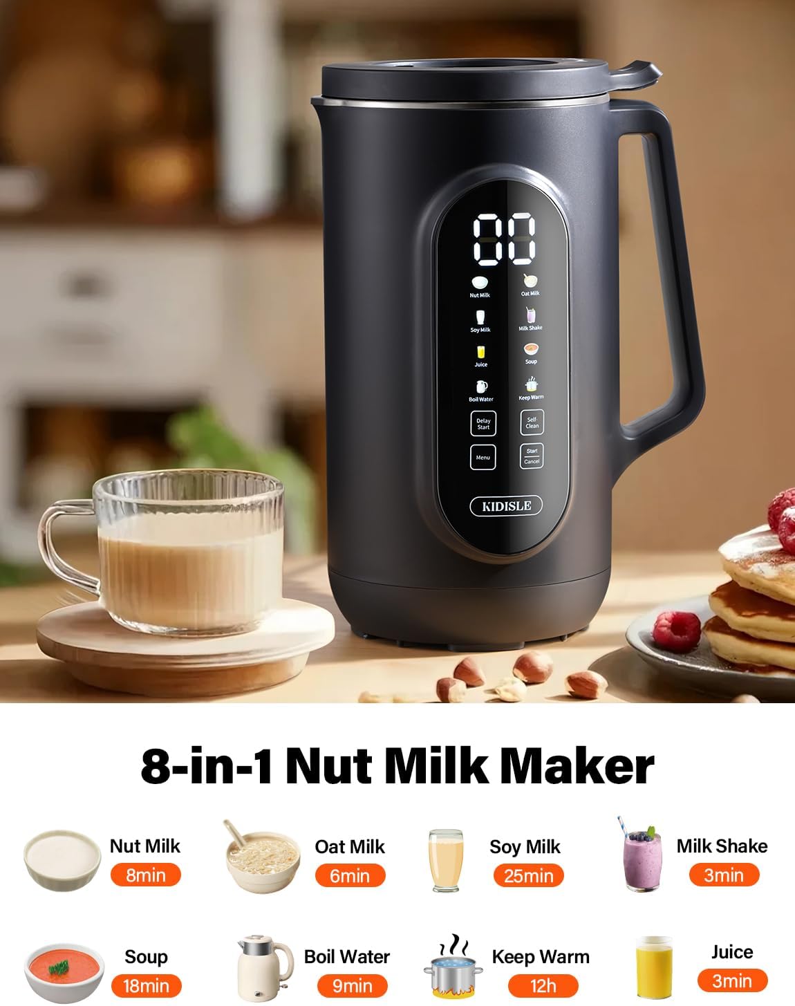 8-in-1 Nut Milk Maker Machine, 35oz Plant-Based Milk & Soup Machine with 12H Delay Start, Self-Clean, Keep Warm – Soy, Oat, Almond & More, Black