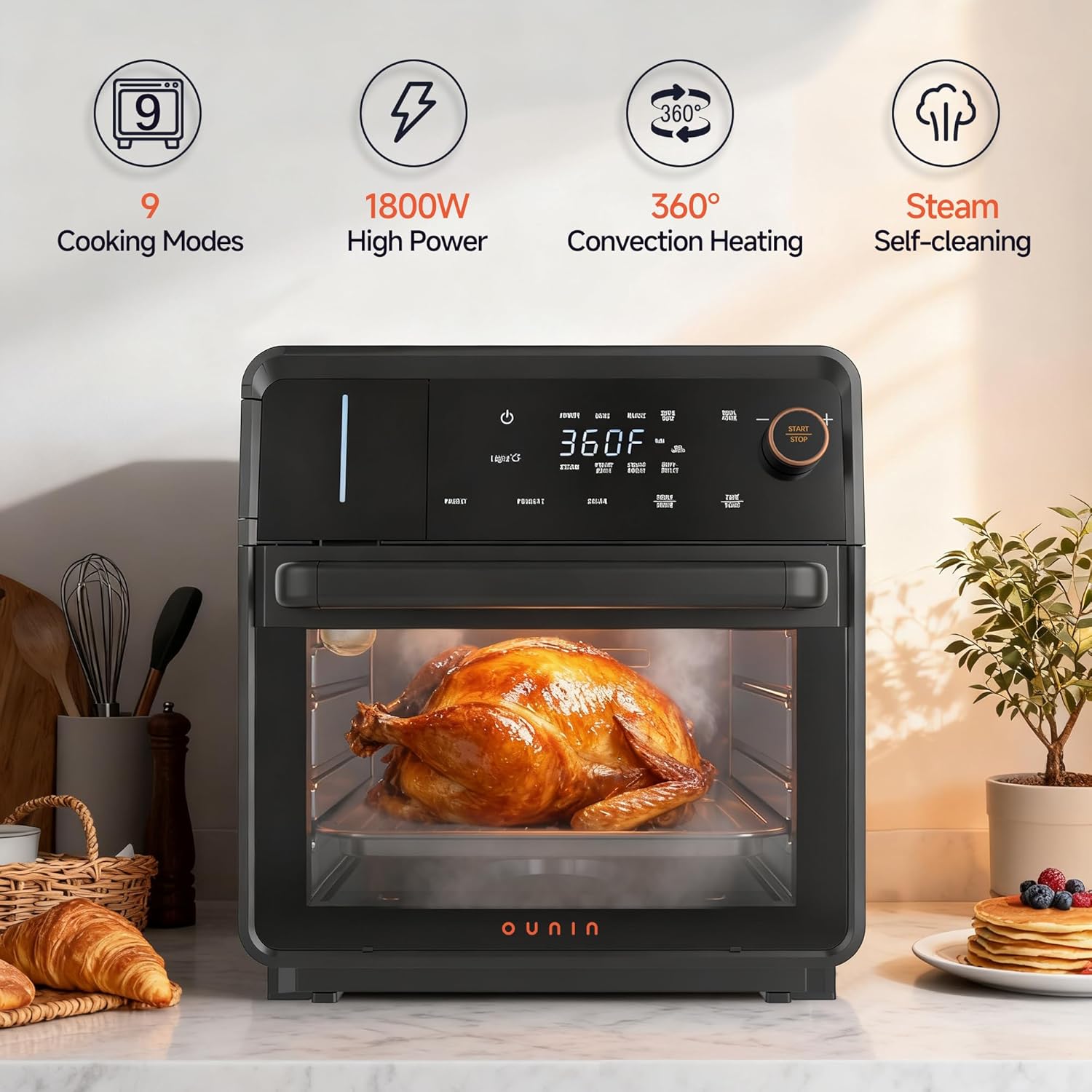 OUNIN Air Fryer Toaster Oven Combo – 11-in-1 Countertop Convection Steam Oven with Air Fryer, Steam, Dual Cook, Bake, Roast, Dehydrate, 90–430°F, Self-Cleaning, 16qt Capacity