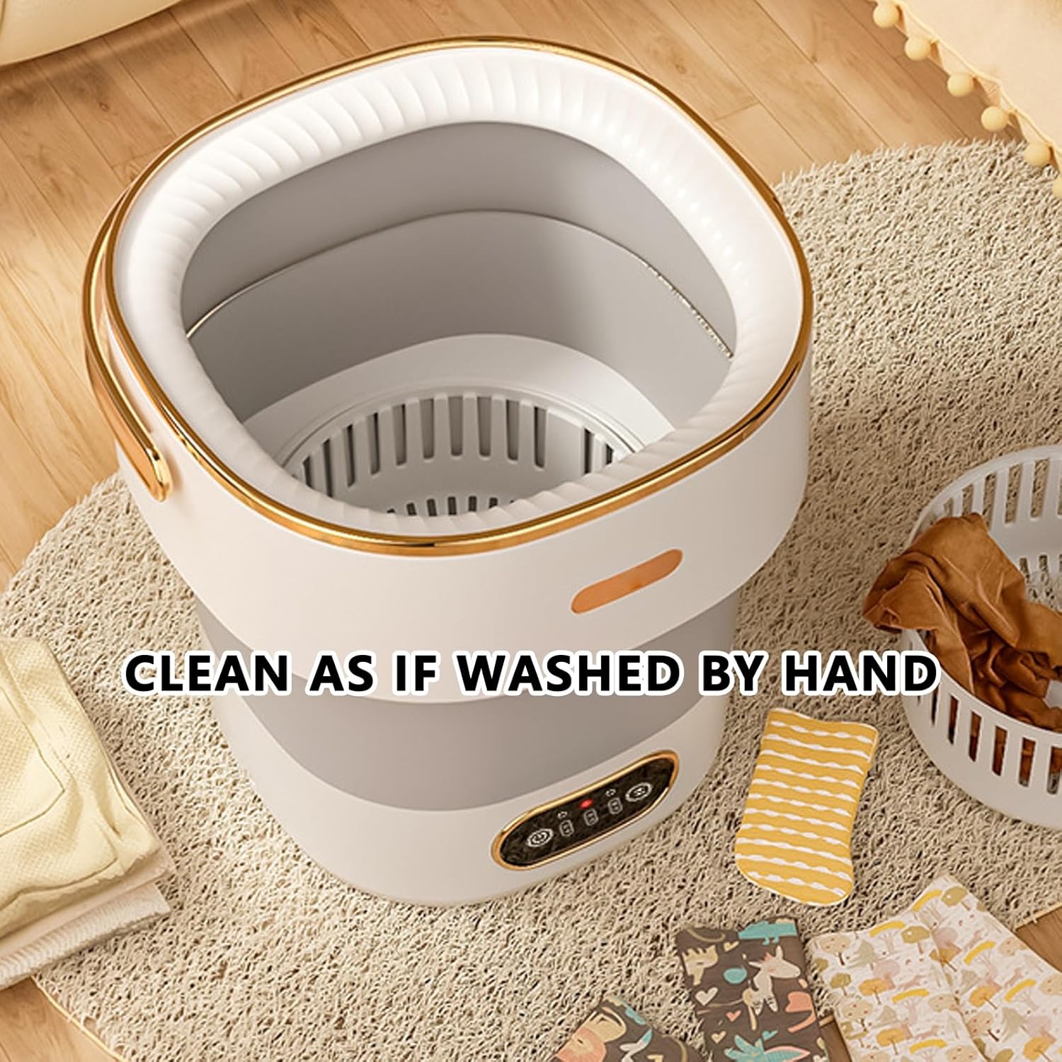 Portable mini Washing Machine with Spin Basket Foldable Compact Washer for Underwear Small Clothes Ideal for Home Apartments Dormitories Hotels Travel(Beige)