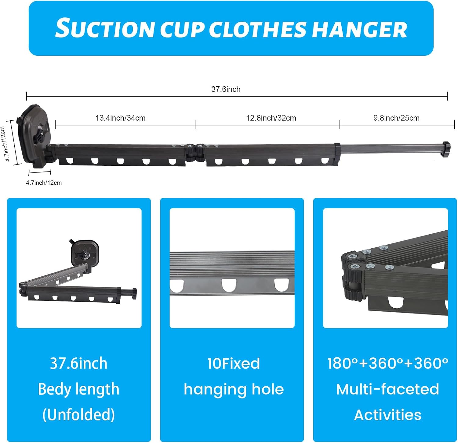 Suction Cup Drying Rack Wall Mounted, Foldable Clothes Hanger Wall Mount, Suction Cup Clothes Drying Rod, Laundry Rack Wall Mounted with 10 Hooks, Laundry Hanger Dryer Rack (2 Folds), Black