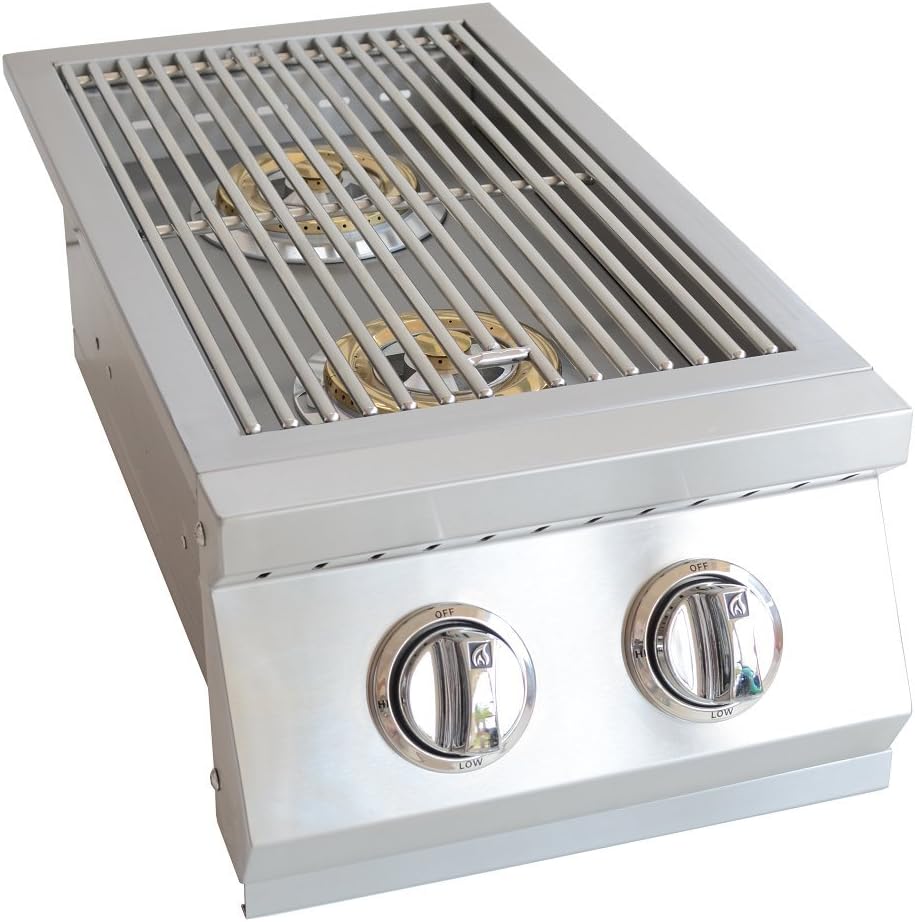 KoKoMo Grills Professional Double Side Burner with Removable Cover Built-In 304 Stainless Steel Dual 12000 BTU Cast Brass Liquid Propane Burners Sure Light Ignition LED Knobs for BBQ Island Grill