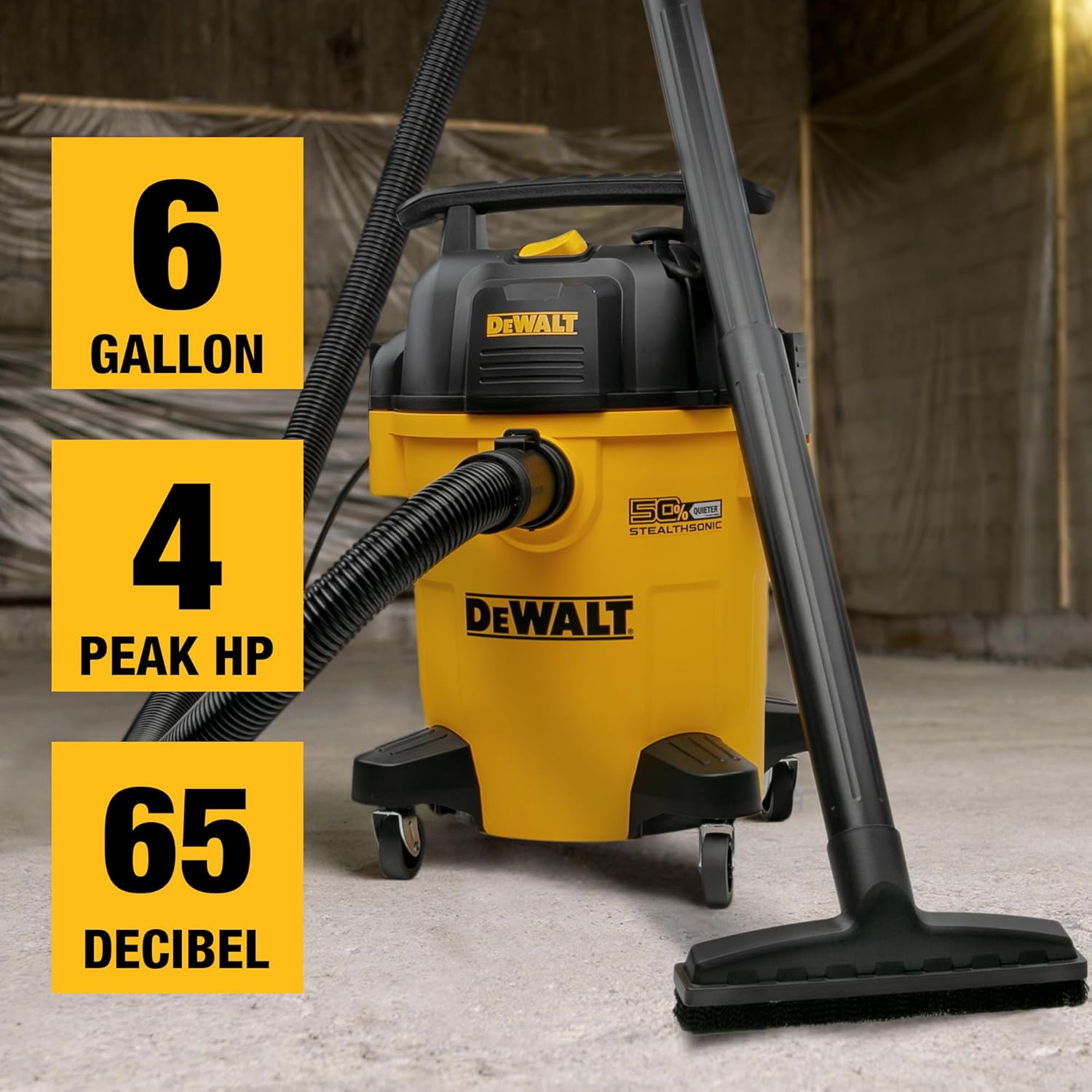 DEWALT 6 Gallon STEALTHSONIC Shop Vacuum Wet and Dry DXV06PL-QT, Ultra Quiet 4 Peak HP Wet Dry Vac for Jobsite & Workshop