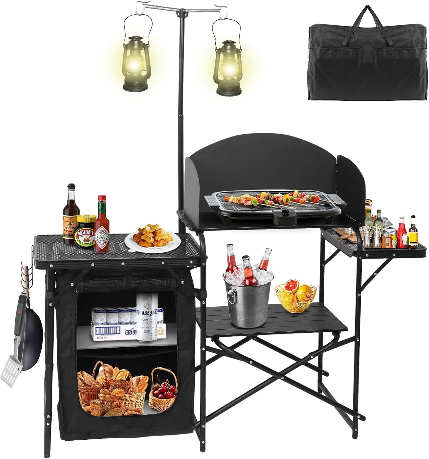 CDEN Camping Kitchen Station, Camping Table, Grill Table, with Light Stand and Windshield Cooking Station, outdoor