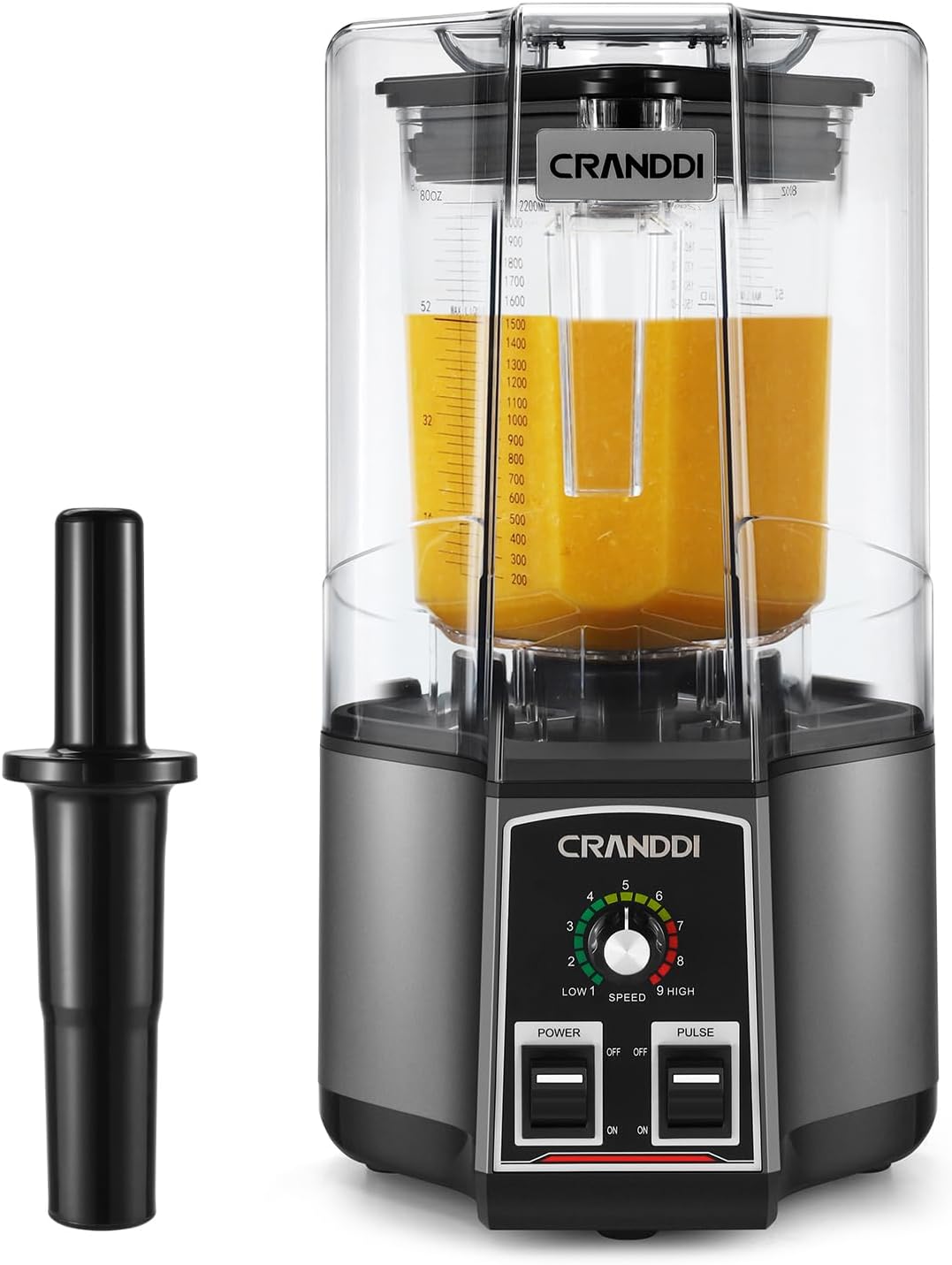 CRANDDI Commercial Kitchen Smoothie for Blender - 80oz Blender with Tamper and Removable Soundproof Cover, Quiet Blenders for Smoothies, Countertop Blenders for Ice Crushing, Blending, K85 (Gray)