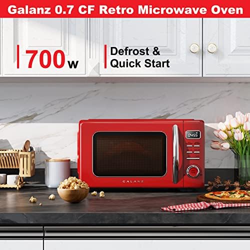 Galanz GLCMKZ07RDR07 Retro Countertop Microwave Oven with Auto Cook & Reheat, Defrost, Quick Start Functions, Easy Clean with Glass Turntable, Pull Handle.7 cu ft, Red