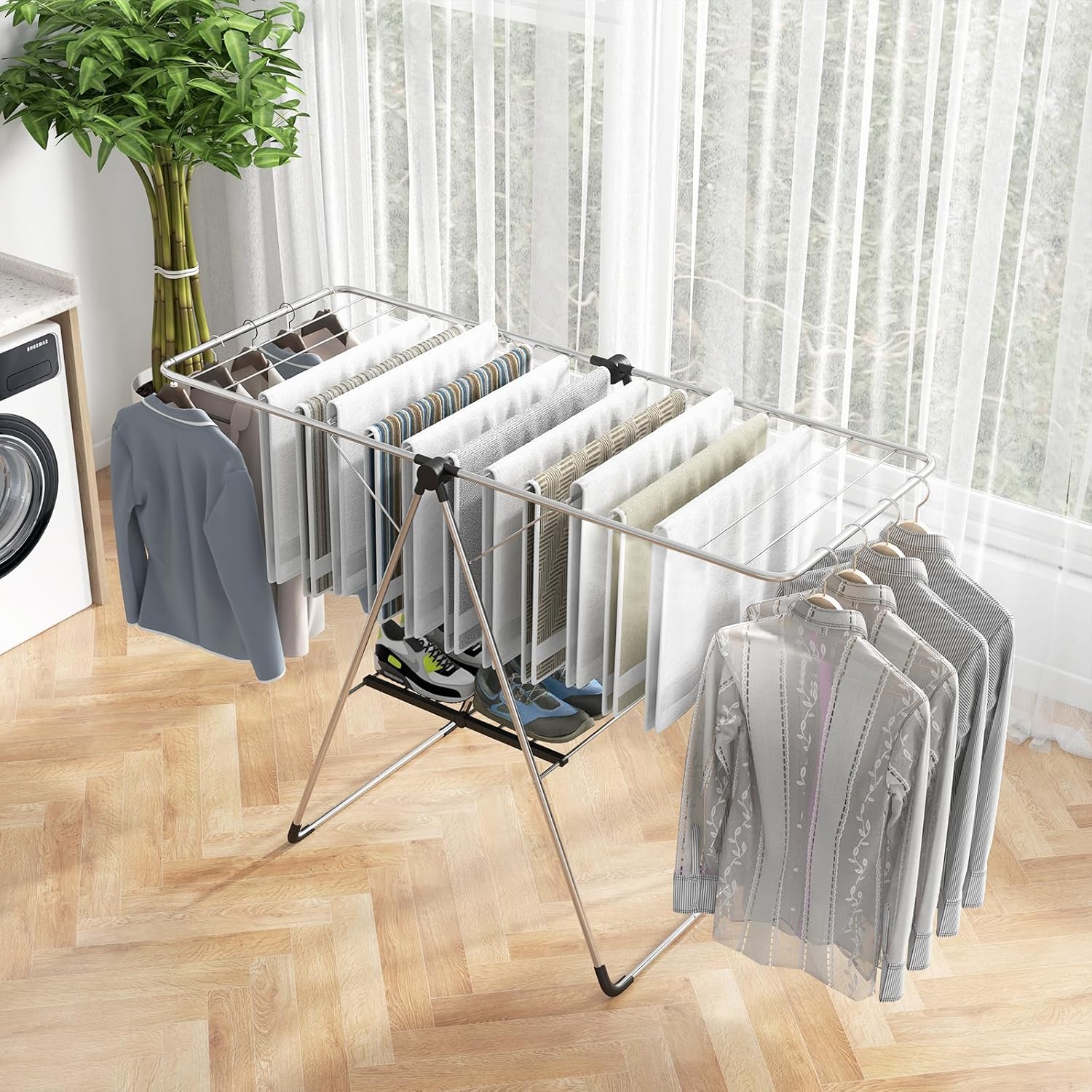 Tangkula Collapsible Clothes Drying Rack, 2-Level Folding Aluminum Drying Rack w/Height-Adjustable Wings, Bottom Shoe Rack, Space-Saving Laundry Drying Rack for Indoor & Outdoor Use, Silver