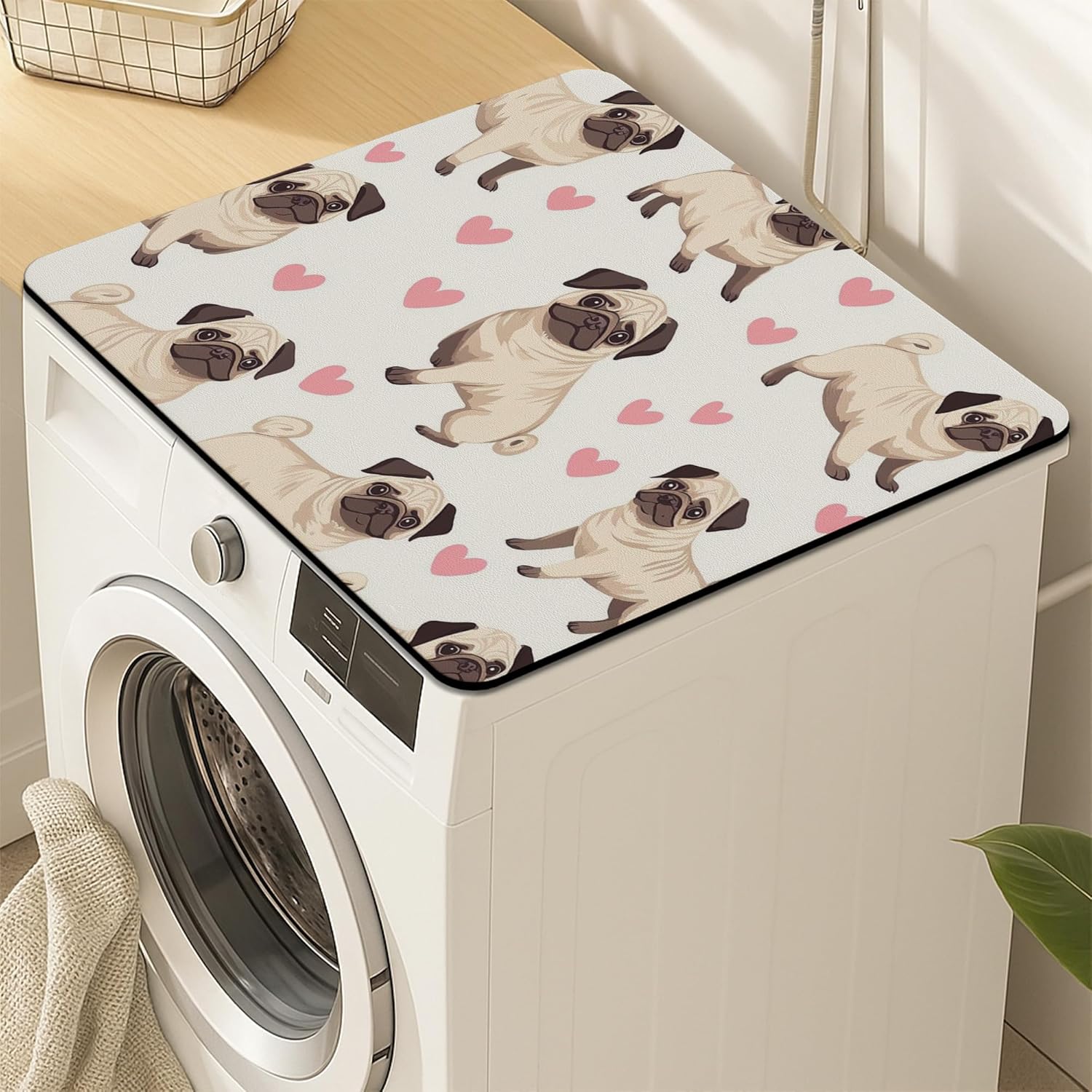Pug Washer Dryer Top Protector Mat, Cute Pug Patterned Washing Machine Dust Cover, Adorable Dog Print Rubber Anti-slip Waterproof Washer And Dryer Mats for Laundry Room 24x24 Inch