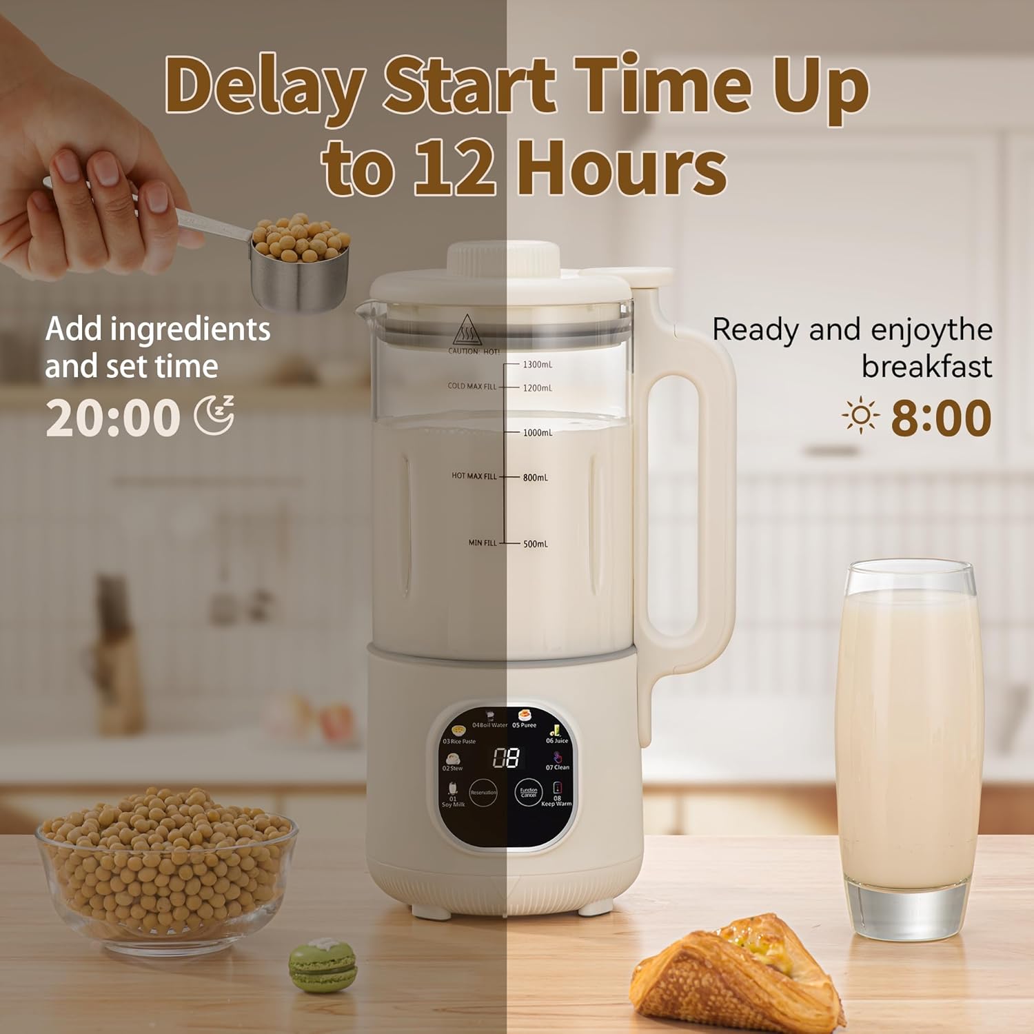 8 in 1 Nut Milk Maker Blender With 20 Bladers,40oz Soy, Almond, Oat, Coconut, Plant Based and Non Dairy Beverages, Automatic Soybean Machine With Delay Start/Keep Warm/Boil Water/Auto-clean