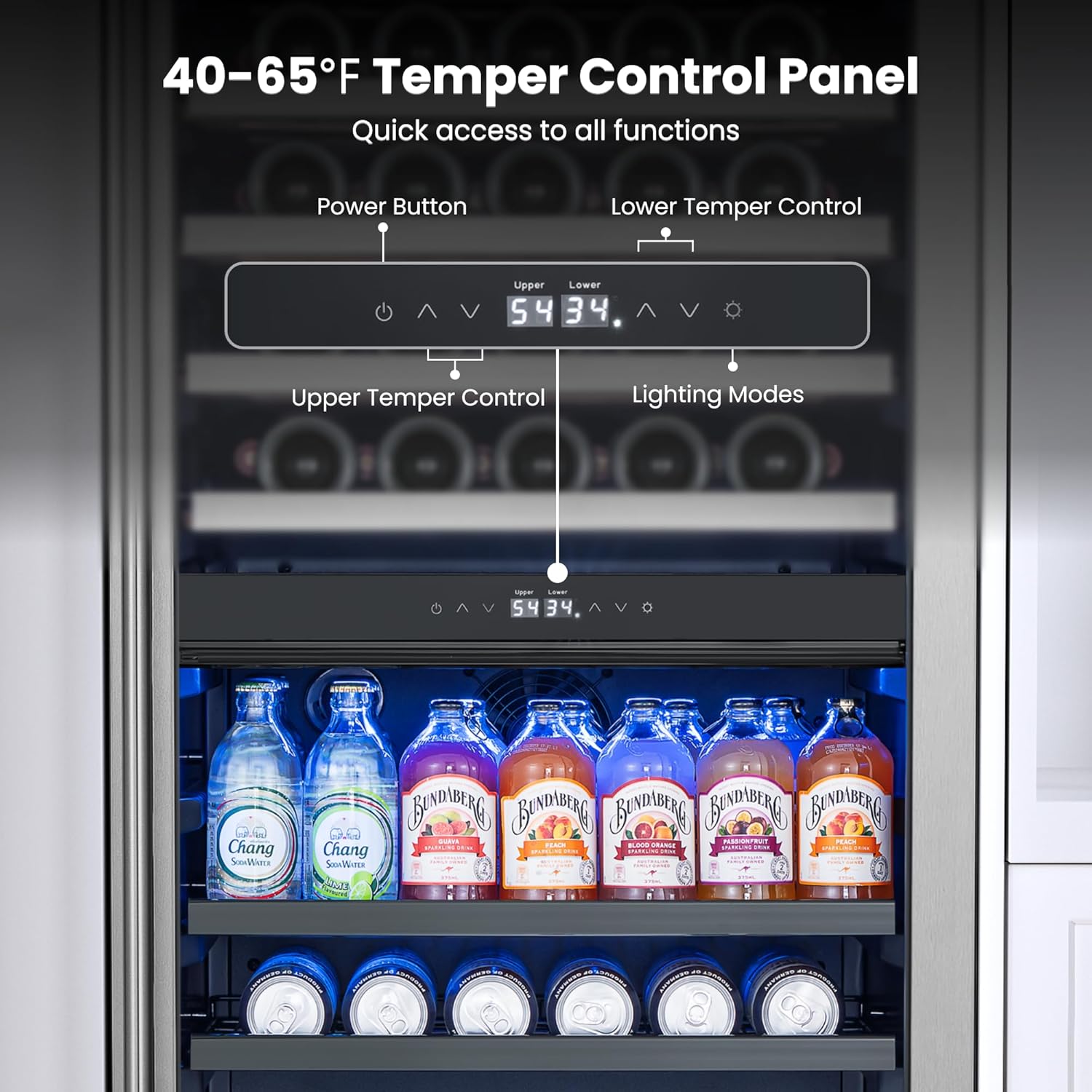 Yeego 24 Inch Wine Fridge – Wine and Beverage Cooler 34°F-65°F, 304 Stainless Steel Glass Door Lock, Temp Memory Blue & White LED Built-in Fridge with Adjustable Shelves (182 Can+77 Bottle)