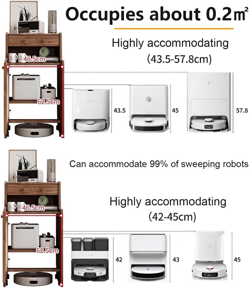 Robot Vacuum Storage Cabinet with Wheels, Hidden Organizer with Doors and Drawers for Sweeping Robots, Mobile Vacuum Rack for Living Room, Bedroom, Kitchen, Solid Wood, Easy Water Changing(Yellow)
