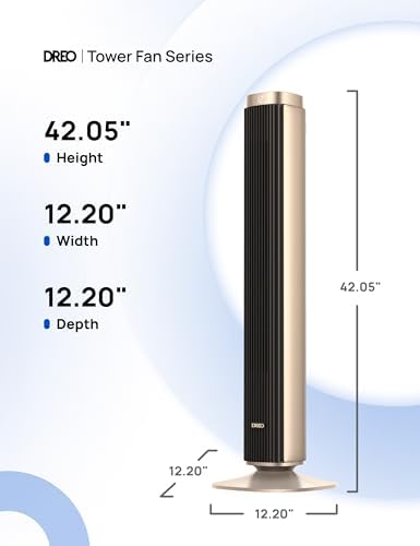 Dreo Tower Fan for Bedroom, 90° Oscillating Standing Fan with 40ft Far Airflow, 25dB Ultra Quiet DC Motor, 28ft/s Velocity, 12 Speeds, 42 inch, Smart Control, 4 Modes, 12H Timer, Pilot Pro S