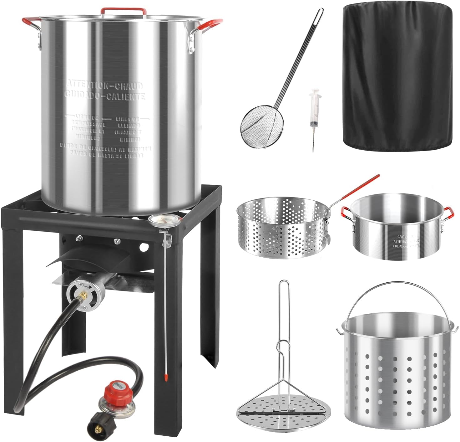 Outdoor Turkey Fryer Kit with Dust Cover | 30 & 10QT Pots | Aluminum | Deep Fryers with Basket and Burner | Propane Stove | 50,000BTU Output | Stainless Steel Skimmer | Ideal for Cooking Turkey & Fish