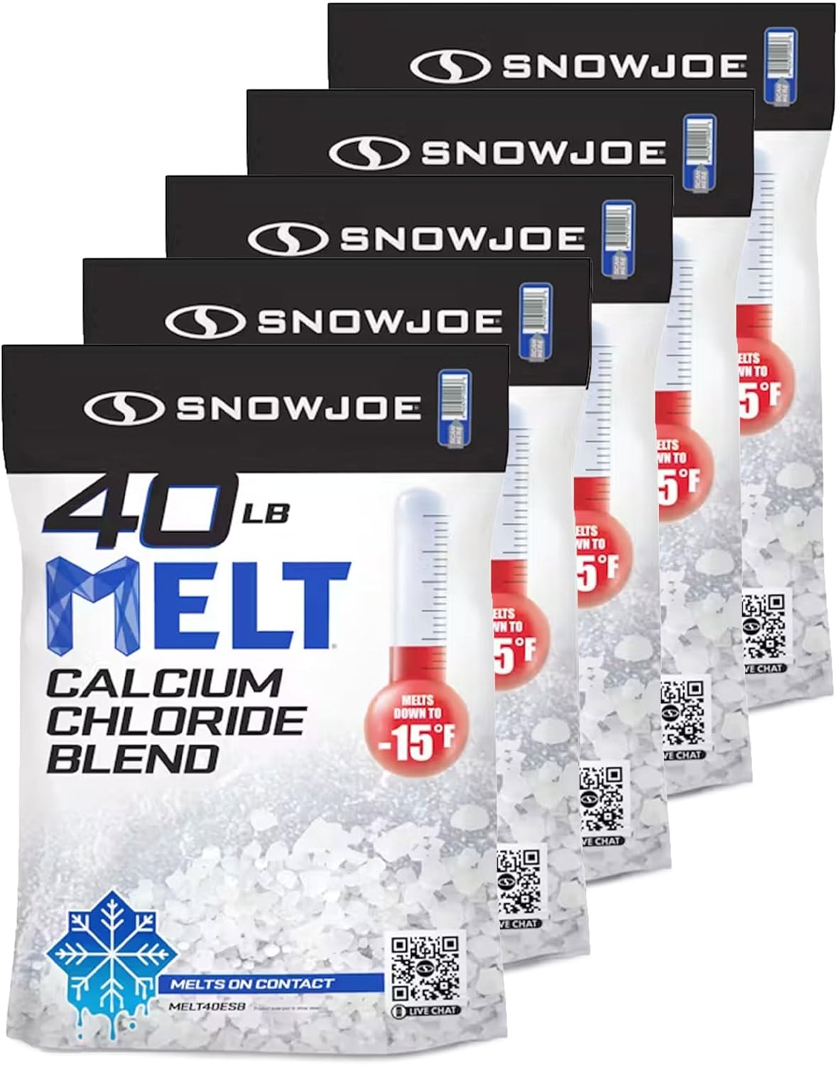 Snow Joe 5 Pack Calcium Chloride Blend Snow & Ice Melt Fast-Acting Pellet-Form Deicer, 40 lb - Pet-Friendly Melter for Driveways, Roofs, Sidewalks & Stairs, Non-Tracking & Easy-Pour Pellets, MELT40ESB