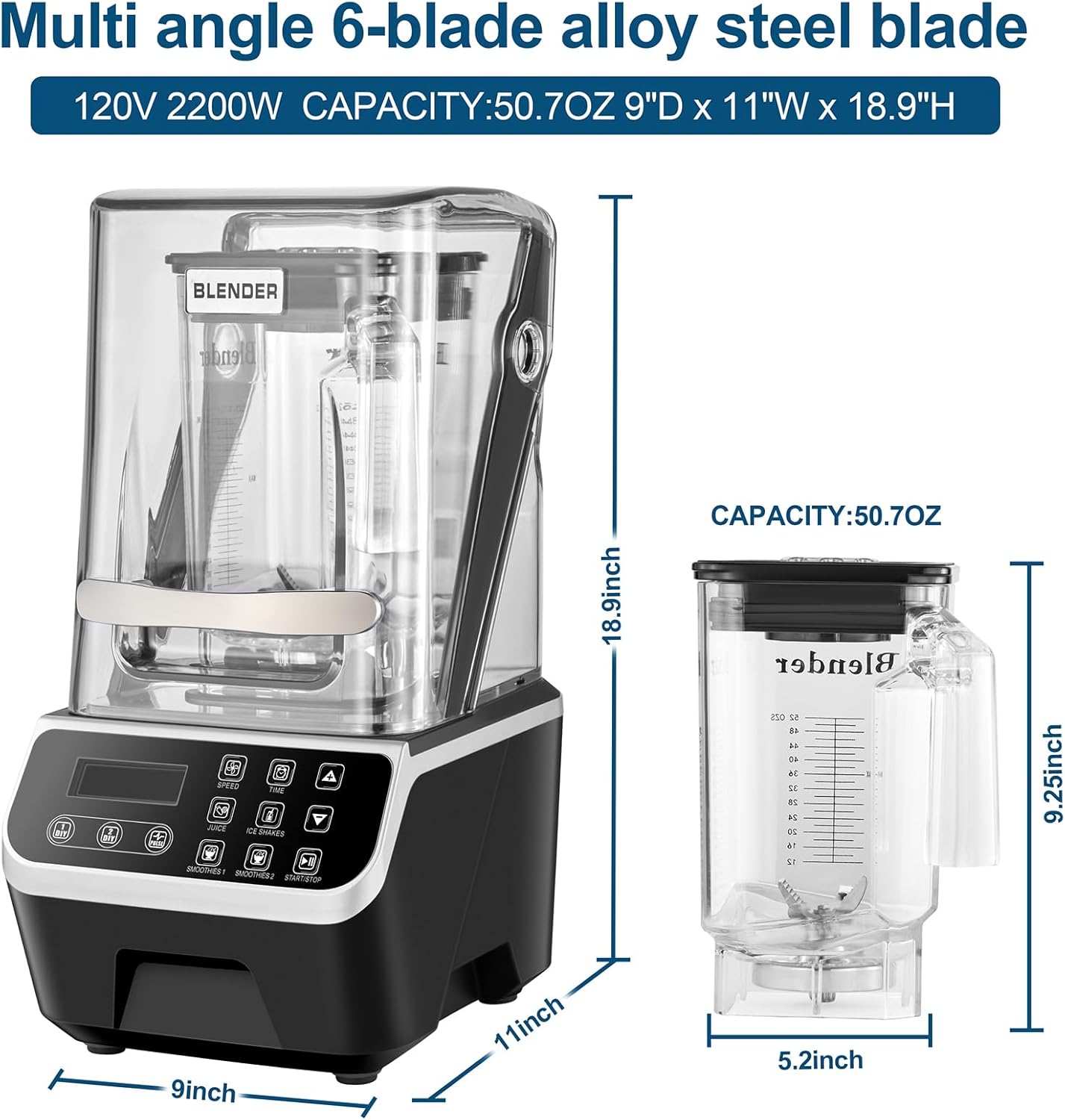 Commercial Blender 2200W 2.1QT 68OZ Quiet Blender Brushless Motors Commercial Smoothies, Frozen Drinks, Self-Cleaning Silver Grey