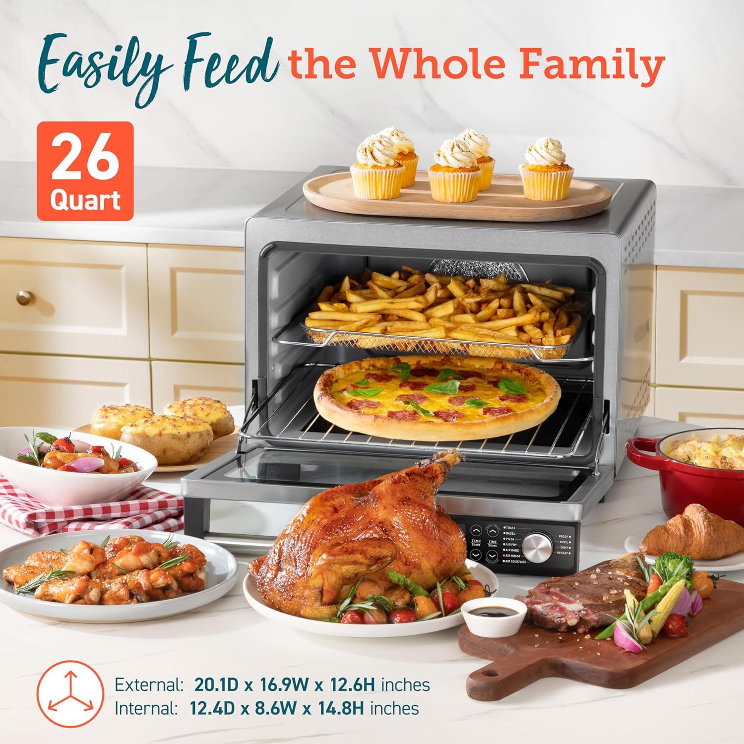 COSORI 11-in-1 Ceramic Air Fryer Toaster Oven Combo, Flat-Sealed Heating Elements for Easy Cleanup, Innovative Burner Function, 5 Accessories & Recipes, 26QT, Silver, Stainless Steel