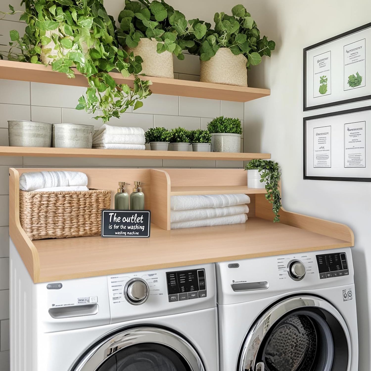 Kaboon Washer Dryer Countertop 2 Tier 58 inches wide, Laundry Shelf Topper with Edge, 58