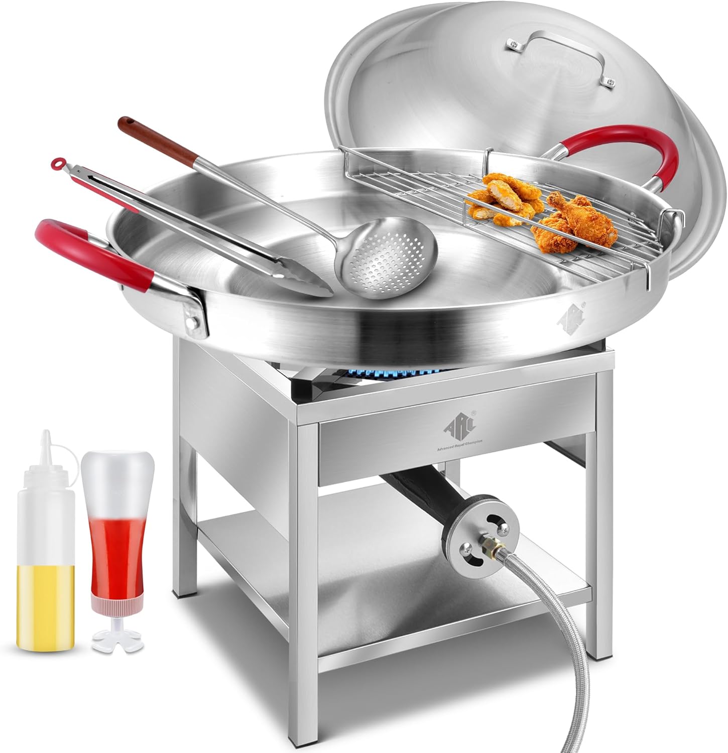 ARC 200 000 BTU Single Burner Stove and 20 inch 7Pcs Comal Discada Set Outdoor Cooking Combo Large Stainless Steel Griddle Pan for Frying Boiling Camping，Domed Lid, Cooking Rack, Tongs