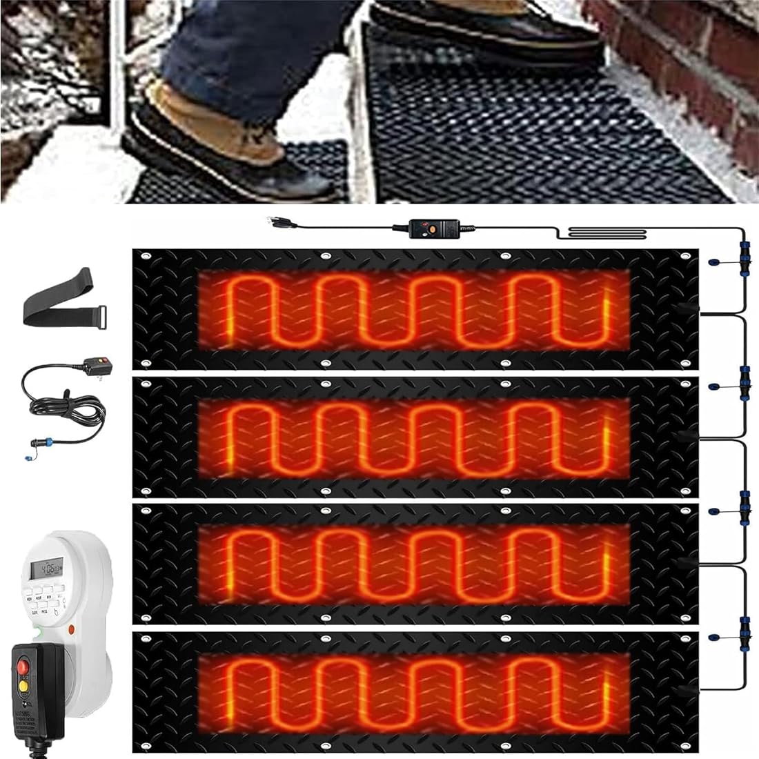 Heated Snow Melting Mats with Timer for Entrances-3/4 Pcs,Heated Snow Melting Mats for Stairs,Heated Outdoor Mats,Now Winter Removal,No-Slip Stair Heating with Time(4 Pcs-10x48in/(25.4x121.9 cm))