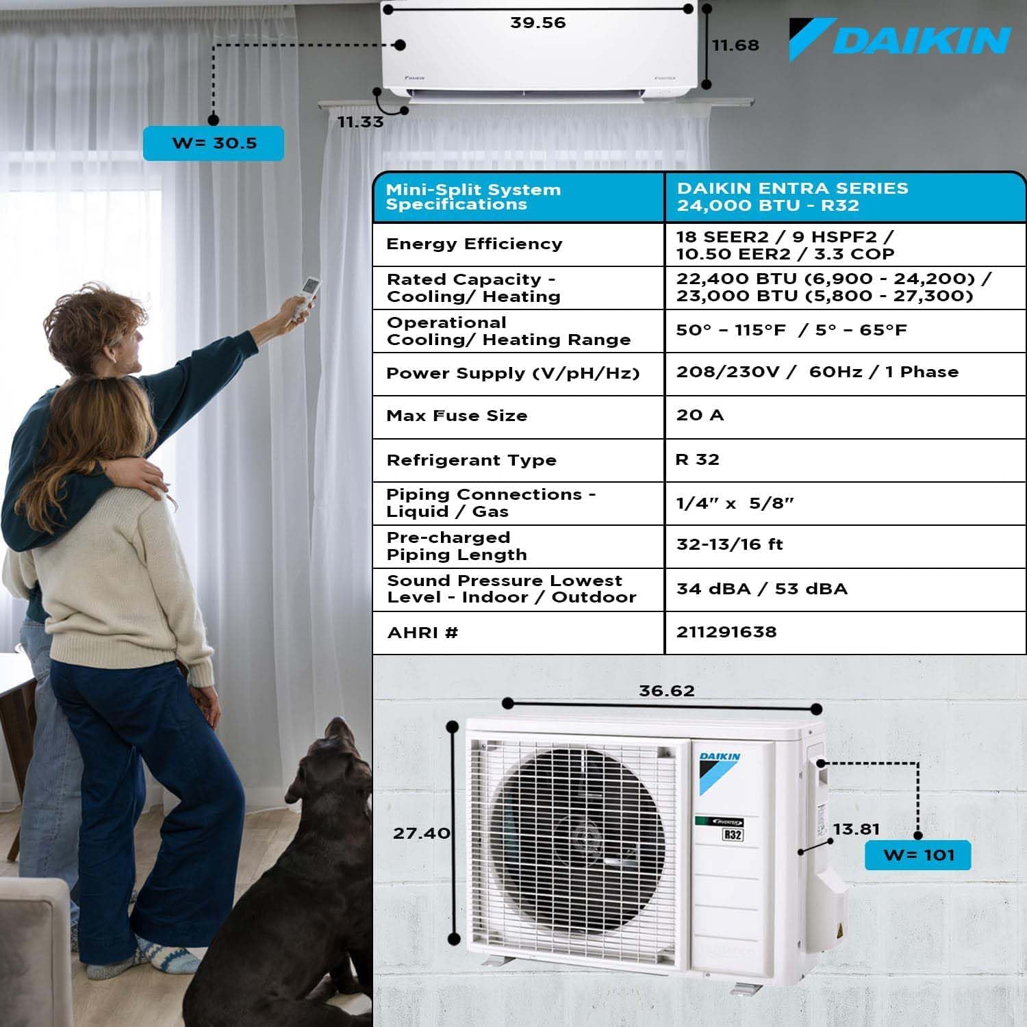 Daikin 24,000 BTU 18 SEER2 Entra R32 Series Ductless Mini Split Heat Pump System w/ Maxwell All-Inclusive 15’ Installation Kit and Wall Mounting Bracket (230V)