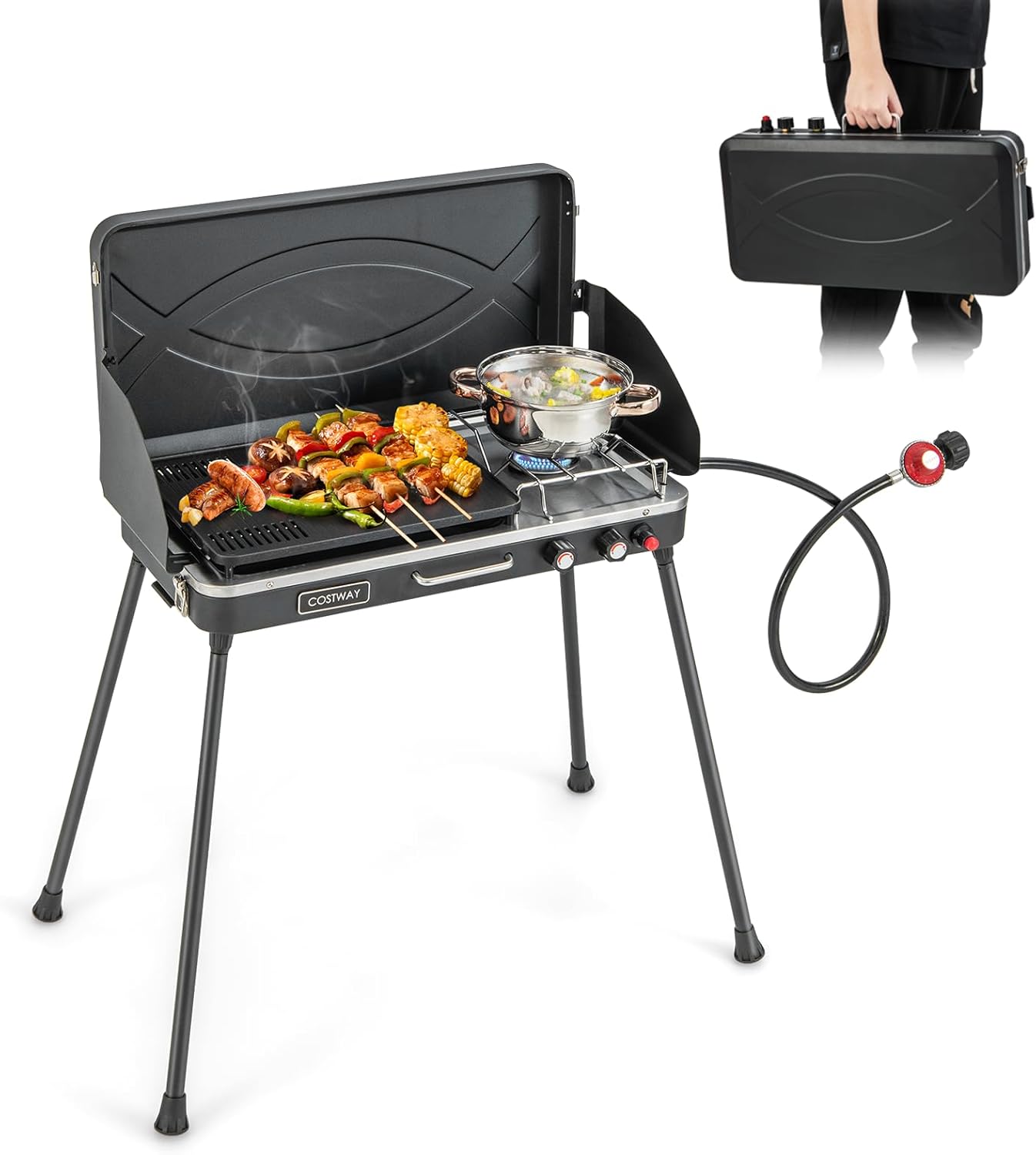 Moccha 2-Burner Propane Camping Stove - Portable Camp Grill w/Dual Control Knobs, Detachable Legs, 3-Sided Wind Screen, 20,000 Total BTUs, Outdoor Grill Stove for Tailgating BBQ Picnic (Black)