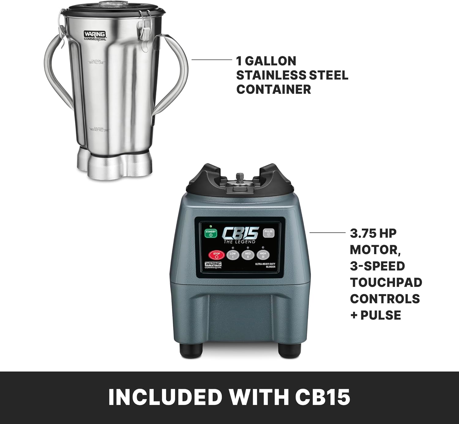 Waring Commercial CB15 Ultra Heavy Duty 3.75 HP Blender, Electric Touchpad Controls with Stainless Steel 1 Gallon Container, 120V, 5-15 Phase Plug,Black