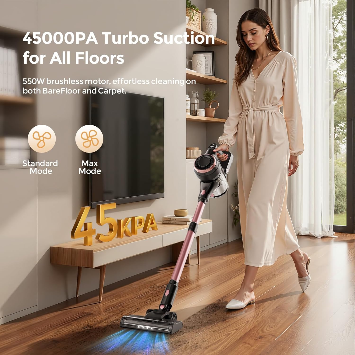 Vazone S22 Cordless Vacuum Cleaners for Home, 6 in 1 Lightweight Stick Vacuum with 45KPa Powerful Suction, Self-Standing Vacuum Cleaners Rechargeable Cordless Vacuum for Pet Hair