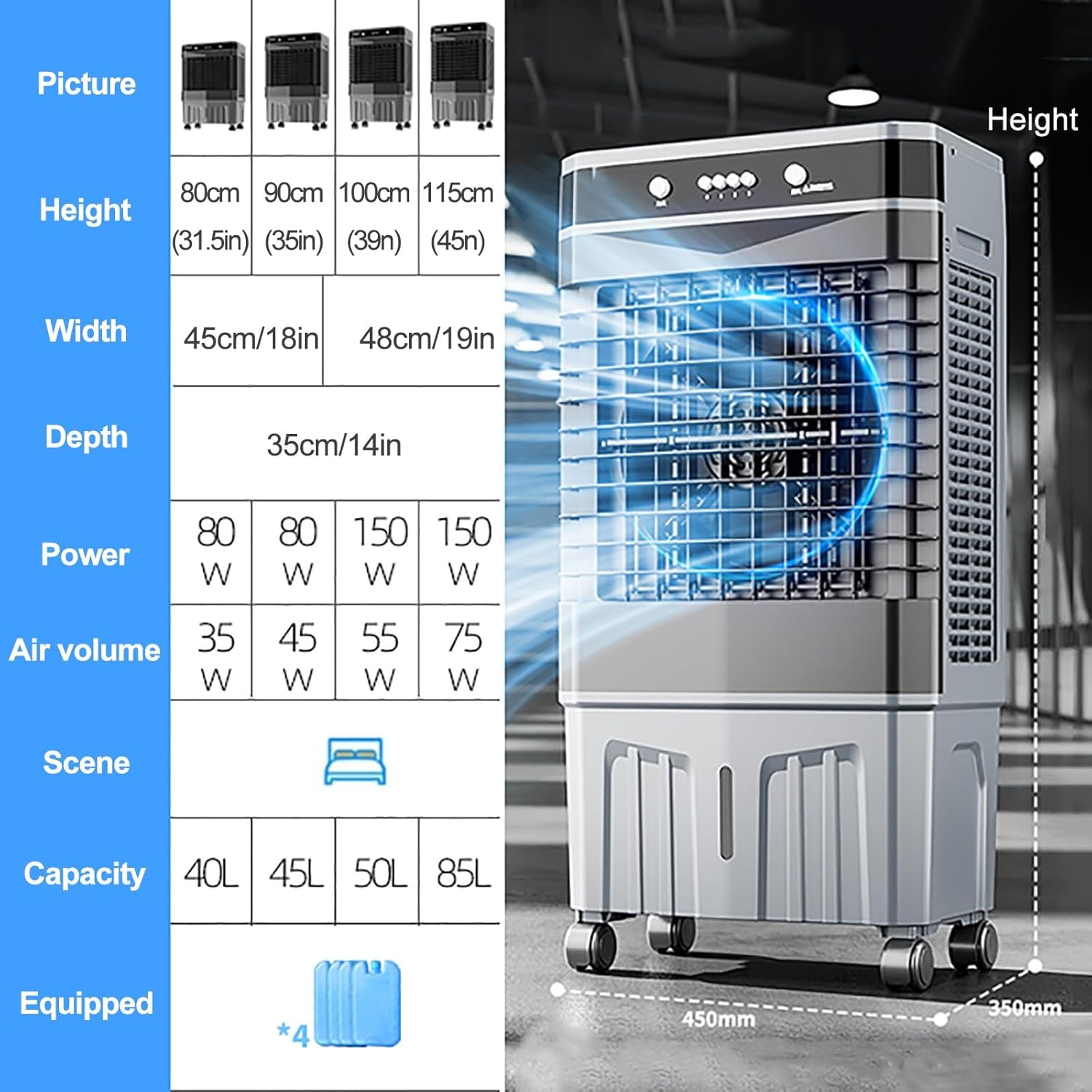 Swamp Cooler Air Conditioner, Evaporative Air Cooler with 4 Ice Box, 120°Oscillation, Portable Cooling Fan with 3 Speeds for Bedroom Home Office(48x35x115cm/19x14x45inch)