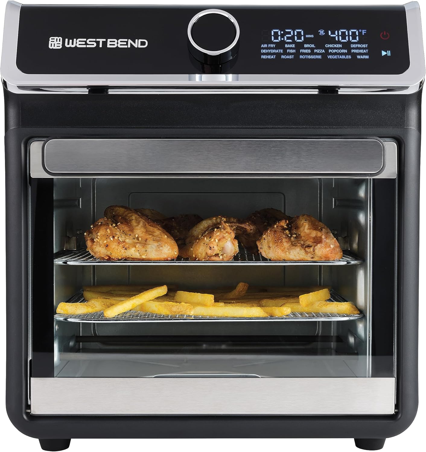 West Bend Air Fryer Oven 15-Quart Capacity with Digital Controls Easy-View Door and 16 Cooking Presets, Includes Eight Cooking Accessories, 1000-Watts, Black