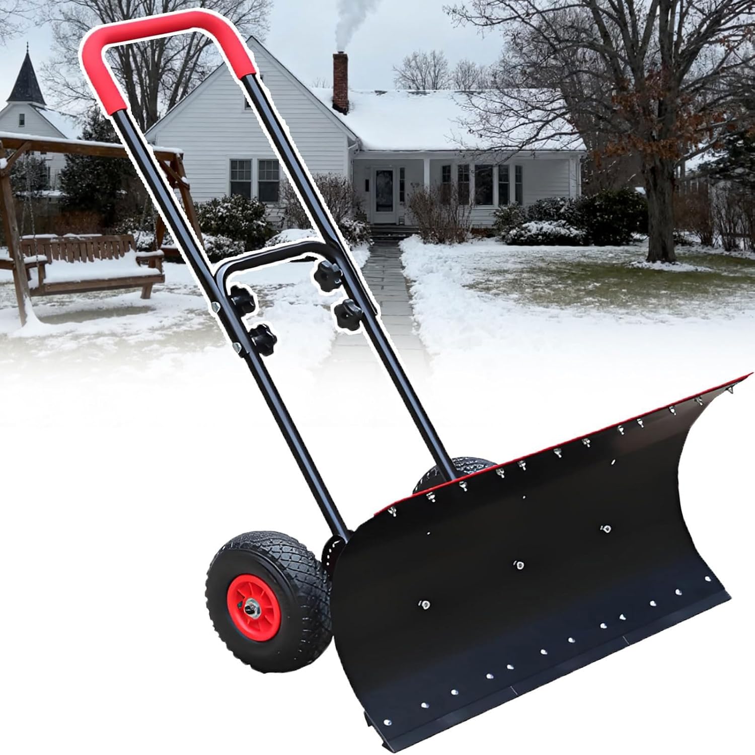 Heavy-Duty Rolling Snow Shovel with Adjustable Handle, 74 * 42cm Wide Dual-Purpose Ice and Snow Removal Blade, with Anti-Slip Wheels, Foldable Steel Construction, for De-Icing, Snow Removal