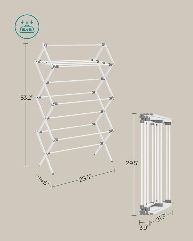 SONGMICS Foldable Clothes Drying Rack, Laundry Drying Rack, Clothes Airer, Steel Frame, 14.6 x 29.5 x 53.2 Inches, Easy Assembly, Indoor Outdoor Use, White ULLR770W01