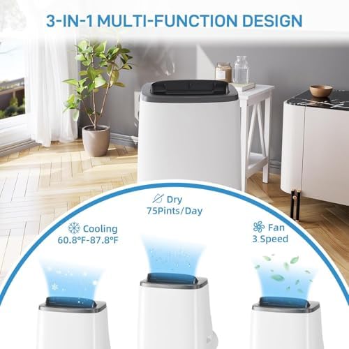 14000 BTU Portable Air Conditioner, 4-In-1 Quiet Portable AC Unit Up to 750 Sq. Ft, Portable Ac With Cooling, Fan, Dehumidifier,Energy Saving & Remote Control, for Rooms/Living Room, Black Top