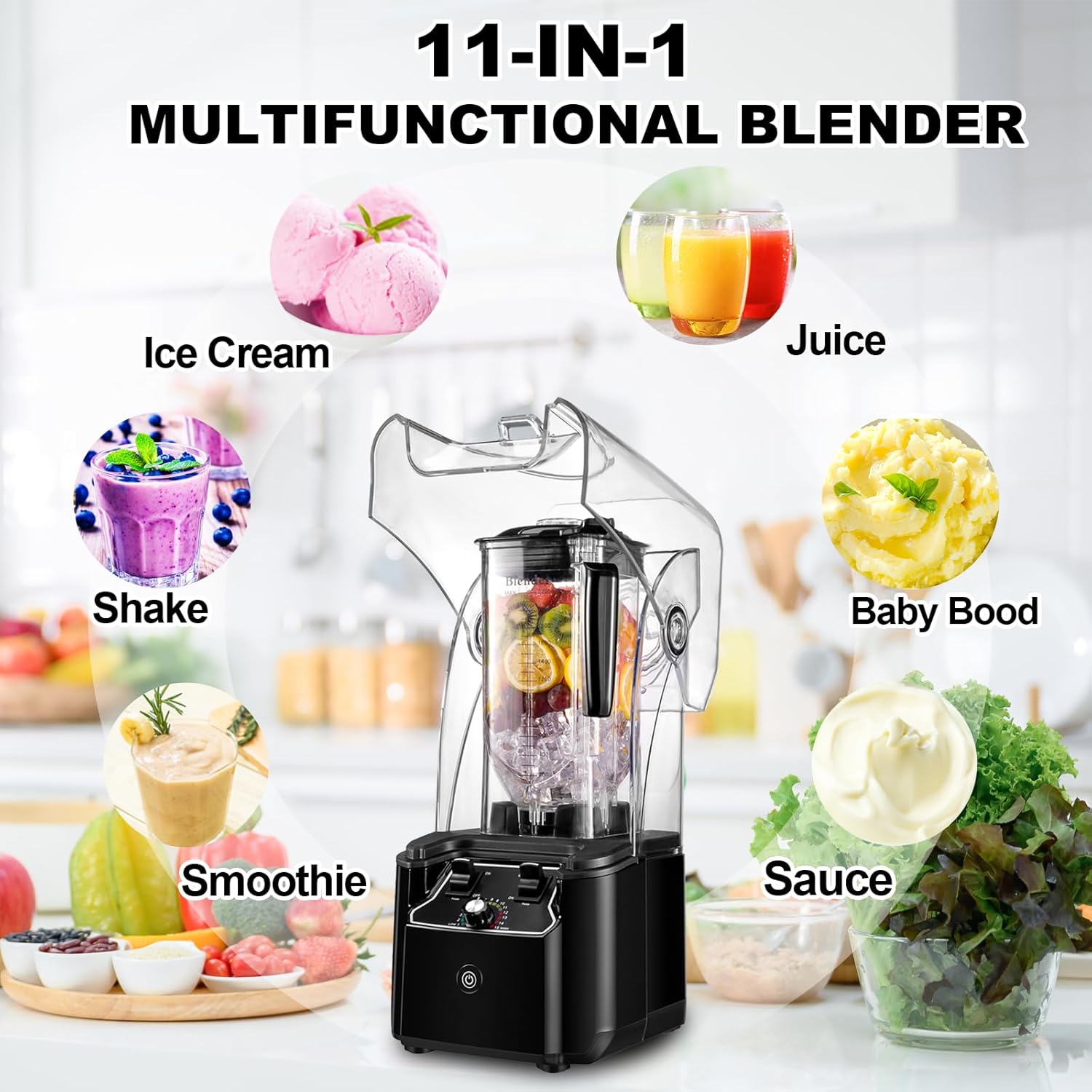 Commercial Blender for Smoothies 2200W, 80 Oz, 15 Speeds, 6-leaf Stainless Steel Blade, Heavy-Duty Commercial Blender for Restaurant, Smoothies, Ice Crush, Shakes, Self-Cleaning, Black
