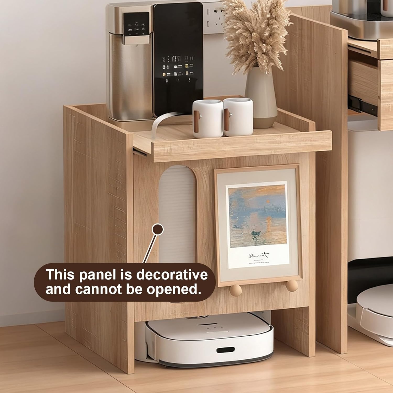 Robot Vacuum Storage Rack Wooden Bedside Table Modern Side Table Storage Cabinet Pull-Out Top Panels Accent Side Tables For Bedroom Living Room Dorm Room Hallway Multi Scenario Use(Natural)