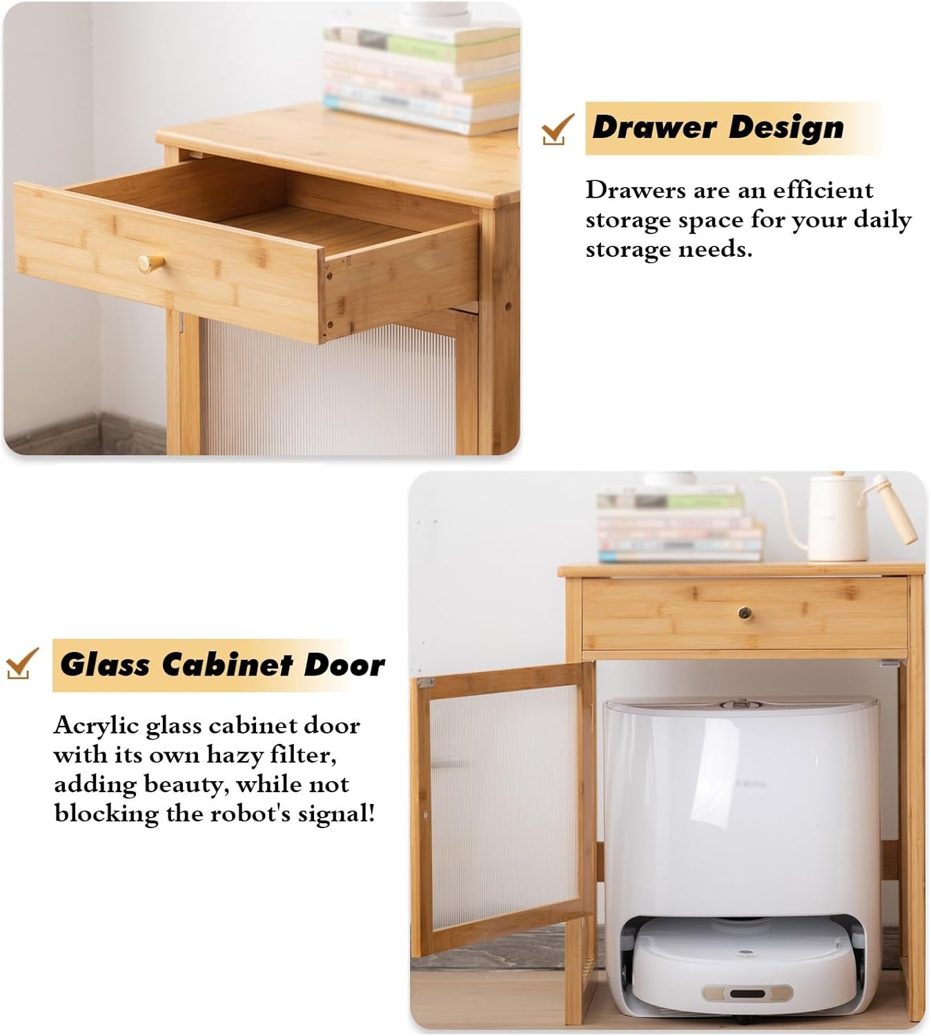 Modern Hiding Robot Vacuum Cabinet with Doors, Sweeping Robot Storage Rack for 10 Gal Fish Tank/Printer, Heavy Duty Waterproof Bedroom Bedside Table - Small Spaces(Natural,55.5x46x73.5 (21.8x18.1x29i