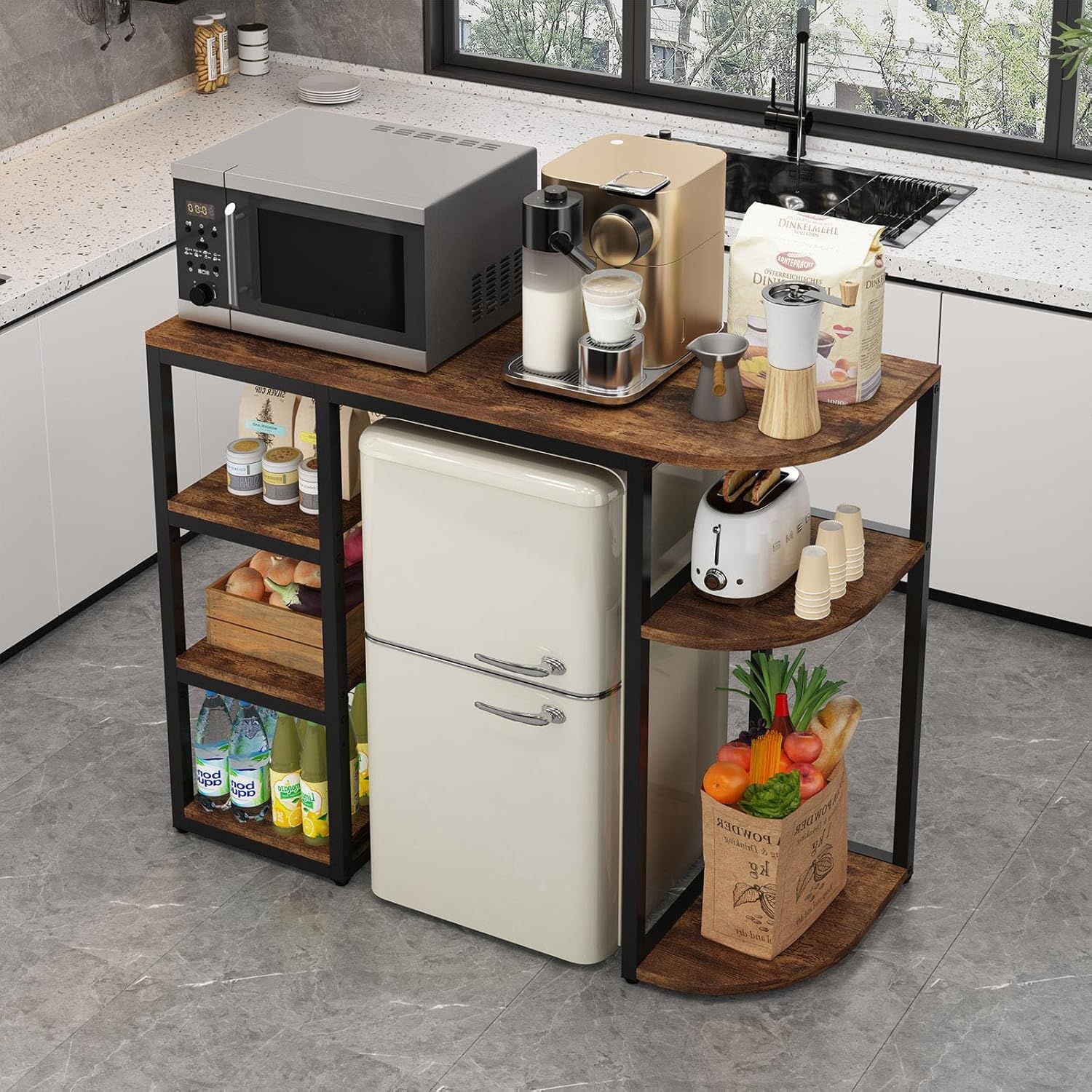 Mini Fridge Stand with Storage, Bakers Rack, Mini Fridge Cabinet with Storage, Coffee Bar Cabinet with Mini Refrigerator, Microwave Oven Stand Rack for Home Dorm Office.