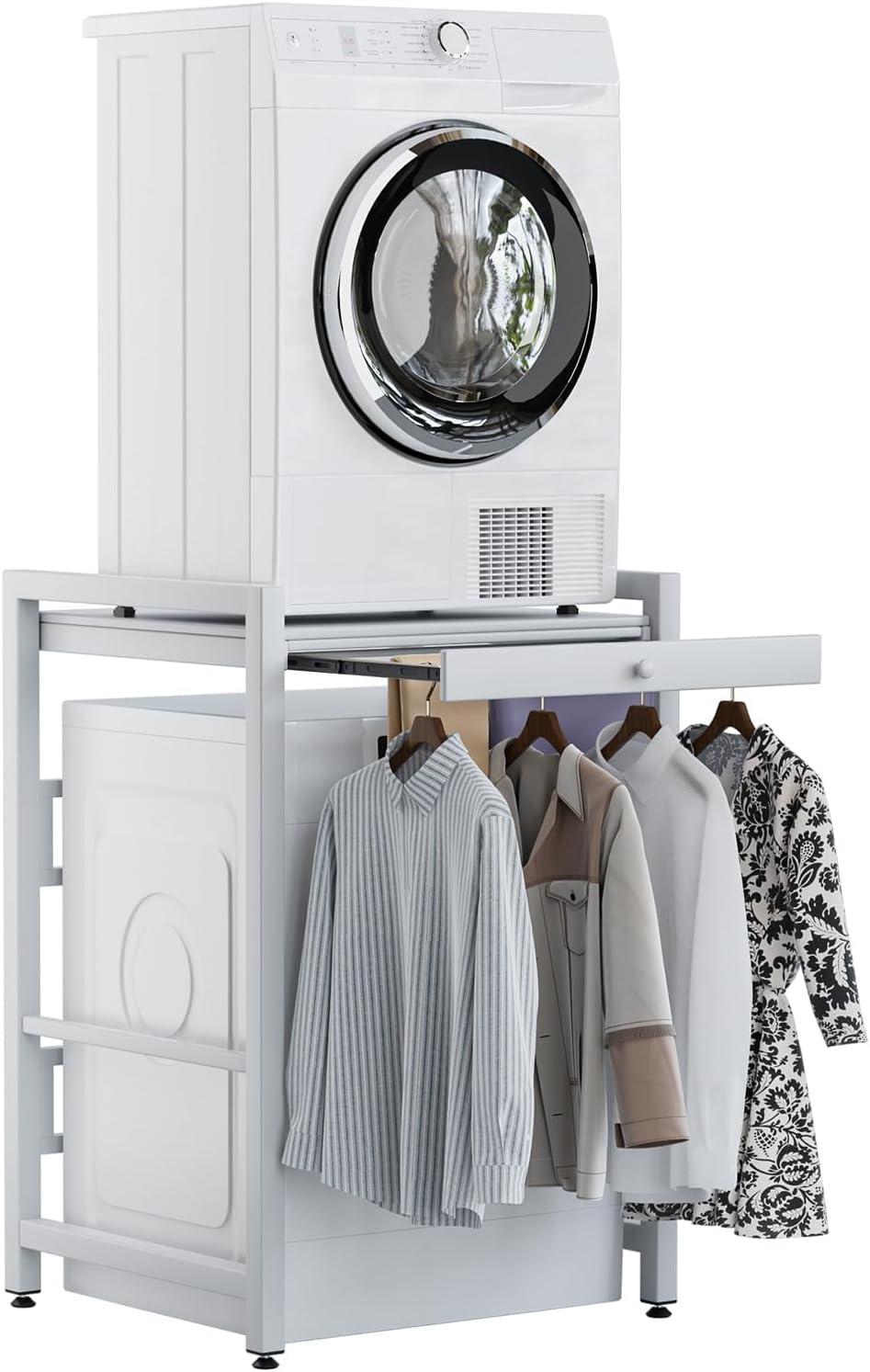 Tumble Washer Dryer Stacking Kit with Countertop - Height Adjustable Over Washer Dryer Shelves with Sliding Raill Hanger,Metal Frame Washing Machine Storage Rack for Home Bathroom Commercial (White)