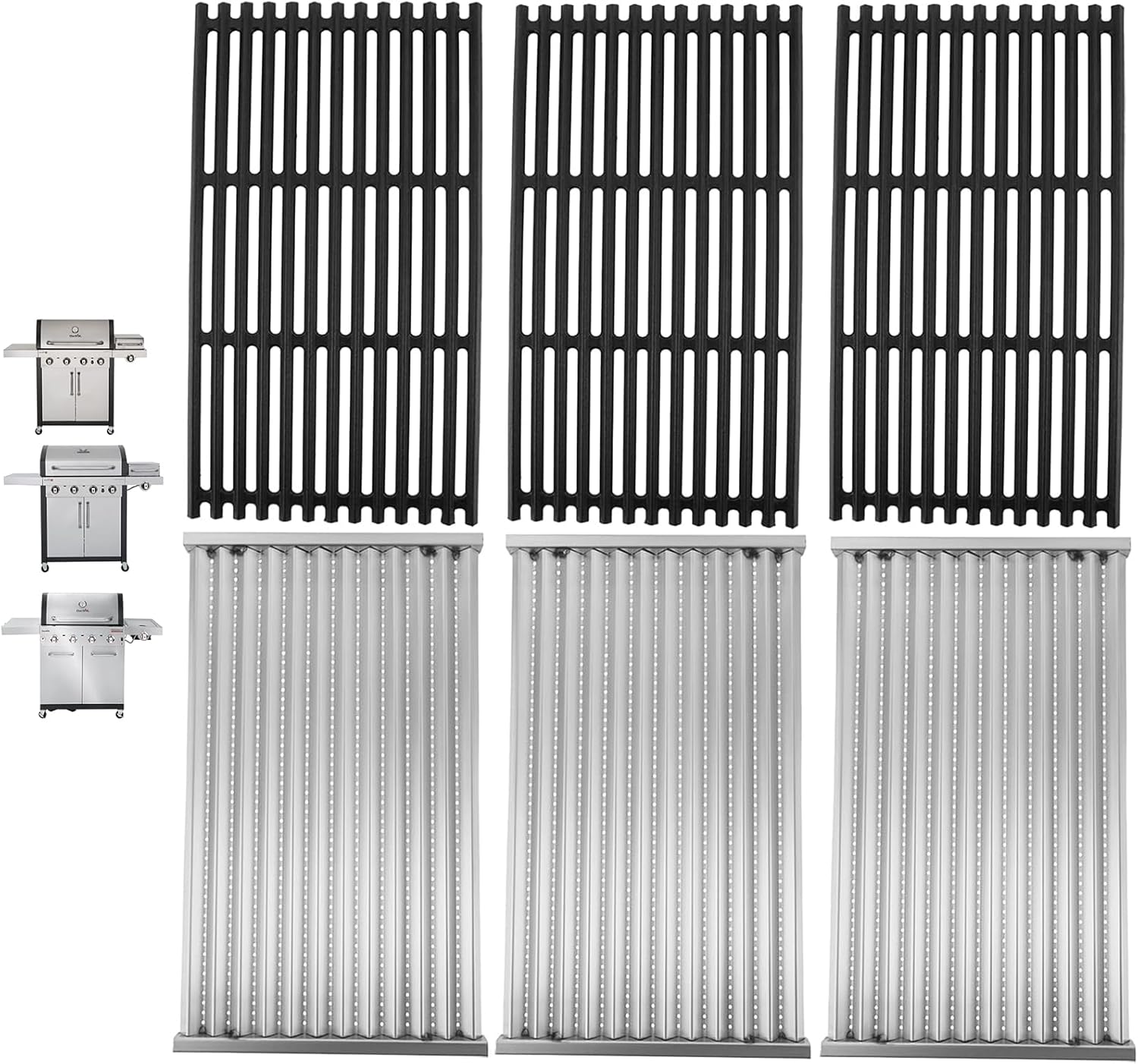 Stamped Emitter & Cast Iron Grill Grate Replacement Parts for Charbroil 463242715 463242716 Commercial Infrared 4B 463257520 463276016 466242715 466242815 G541-0016-W2 G533-2200-W1, 17x9.5'', 3PCS Set
