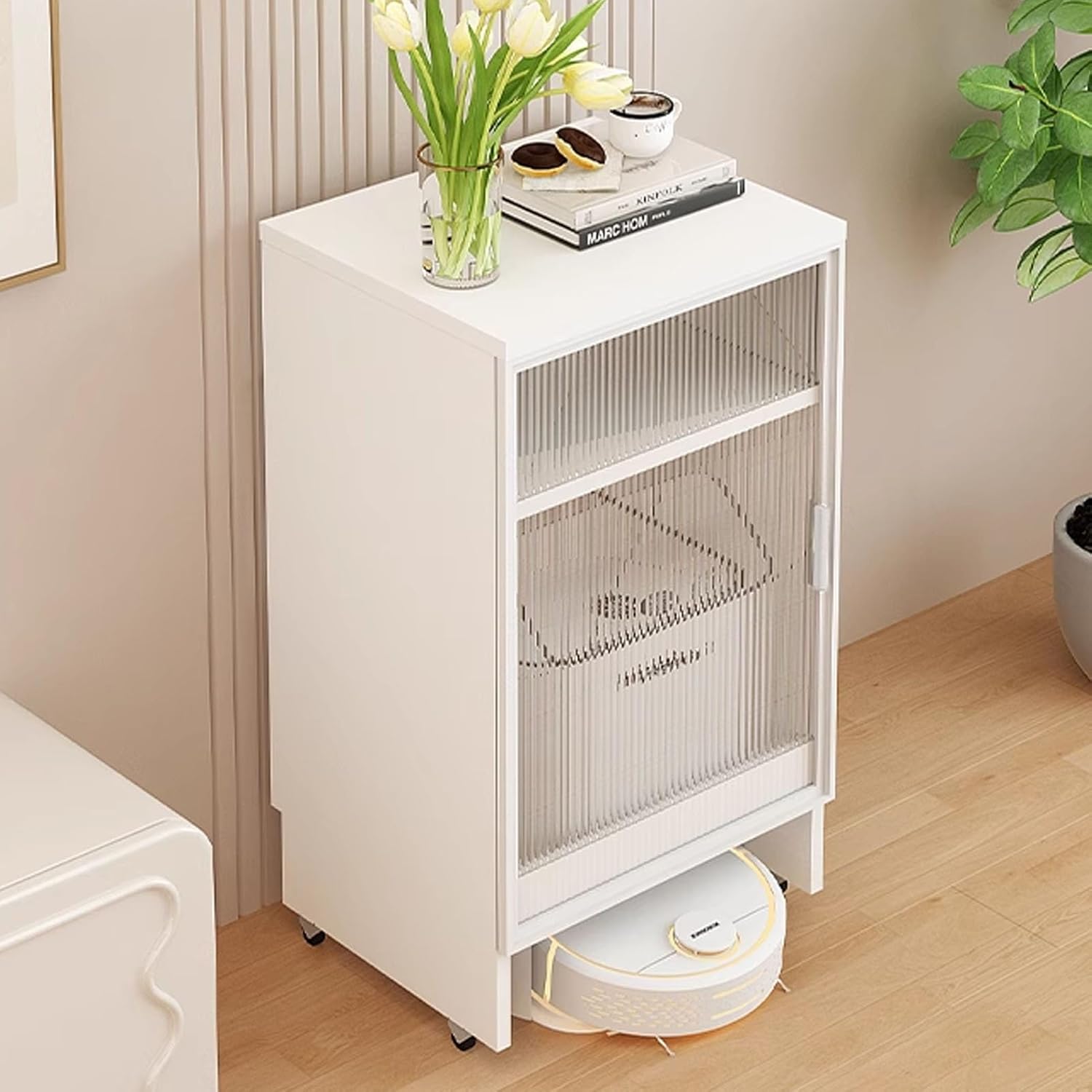 JKGHK Sweeping Robot Storage Rack, Robot Vacuum Cabinet with Glass Door, Vacuum Hidden Cabinet for Sweeping with Wheels, Floor Aquarium Stand for Living, Room(White)