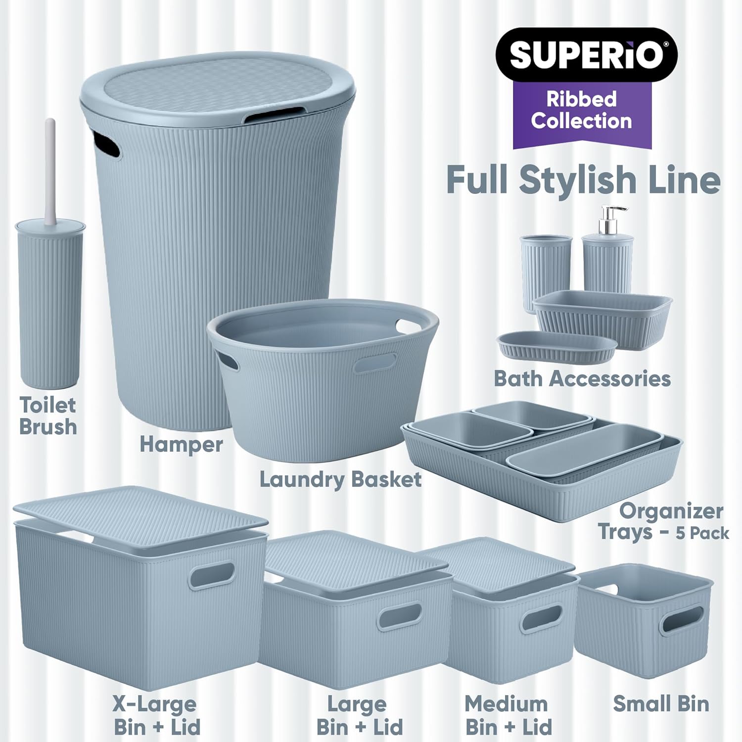 Superio Ribbed Collection - Decorative Plastic Laundry Hamper with Lid and Cut-Out Handles, Blue (1 Pack) Basket Organzier for Bedroom Bathroom College Dorm Room 40 Liter