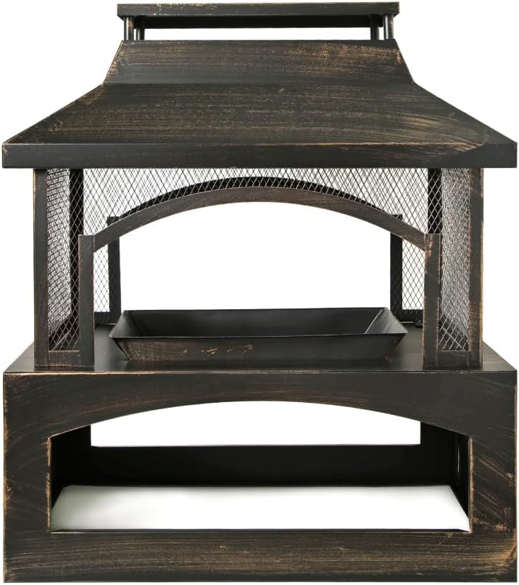 37” Rectangular Outdoor Fireplace – Heavy-Duty Metal Wood Burning Fire Pit with Built-in Log Storage & Poker, Brushed Bronze Finish for Patio & Backyard