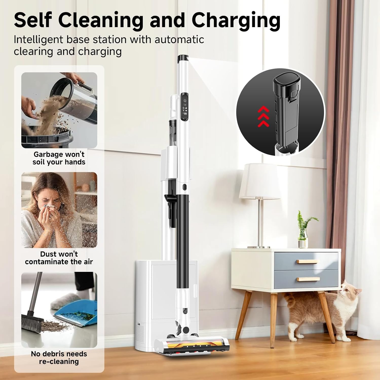 Cordless Stick Vacuum Cleaner with Auto Empty System Self-Charging Base, Powerful Suction for Pet Hair on Carpet & Hardfloor, Lightweight Anti-Tangled Handheld Vacuum, HEPA Filtration, Black